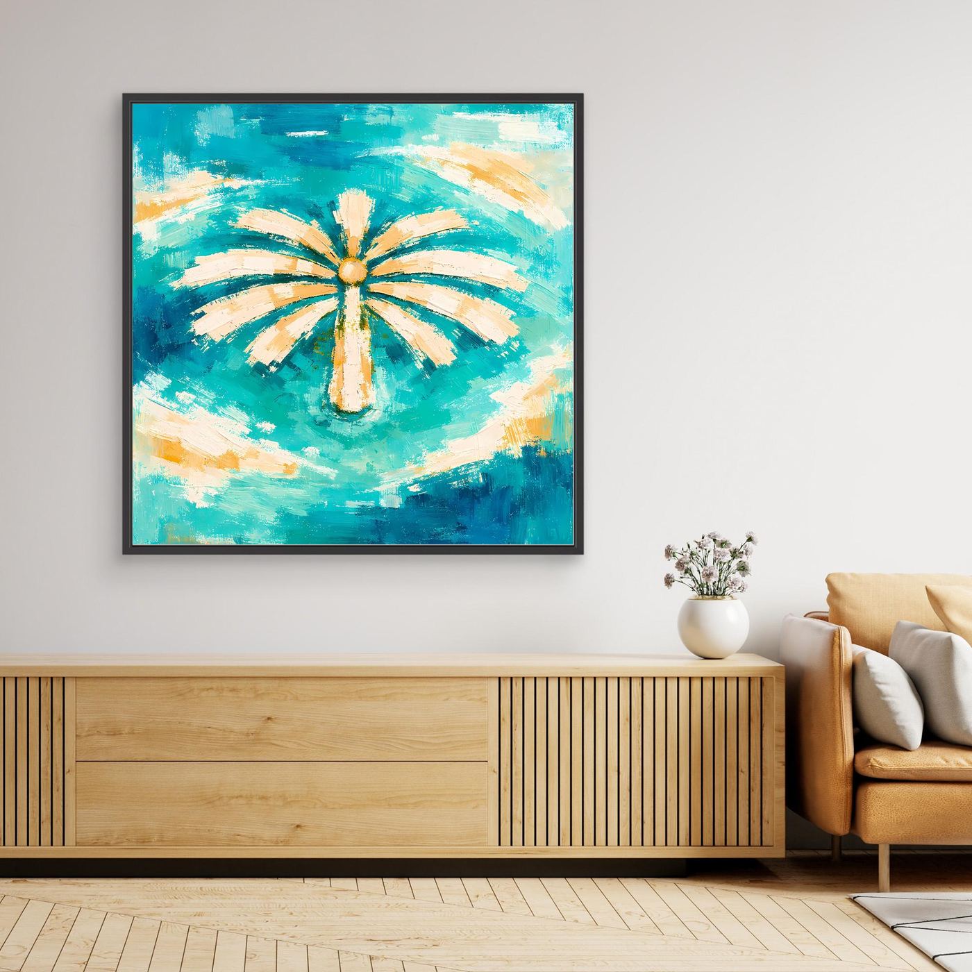Leinwand Abstrakte Palme im Meer | Modernes Dubai Palmeninsel Wandbild Türkis