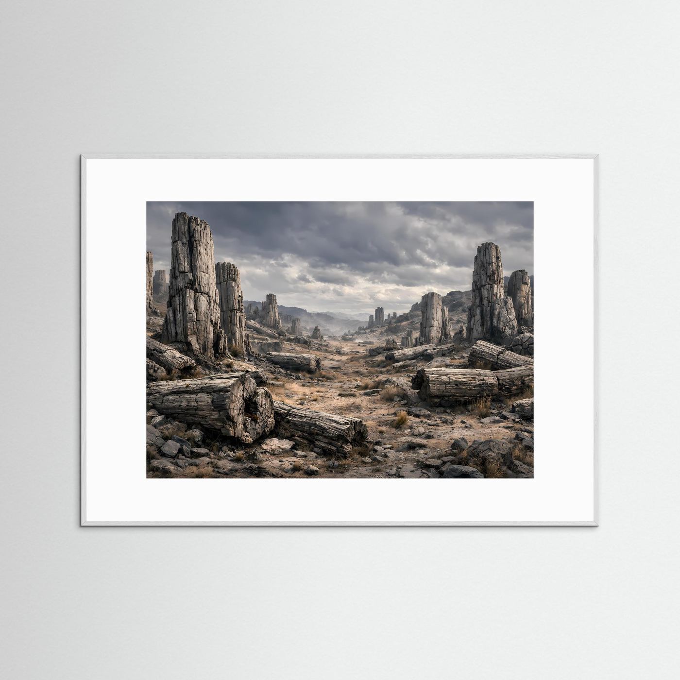 Panorama-Poster mit steinigen Felsformationen im Waldtal, weißer Rahmen