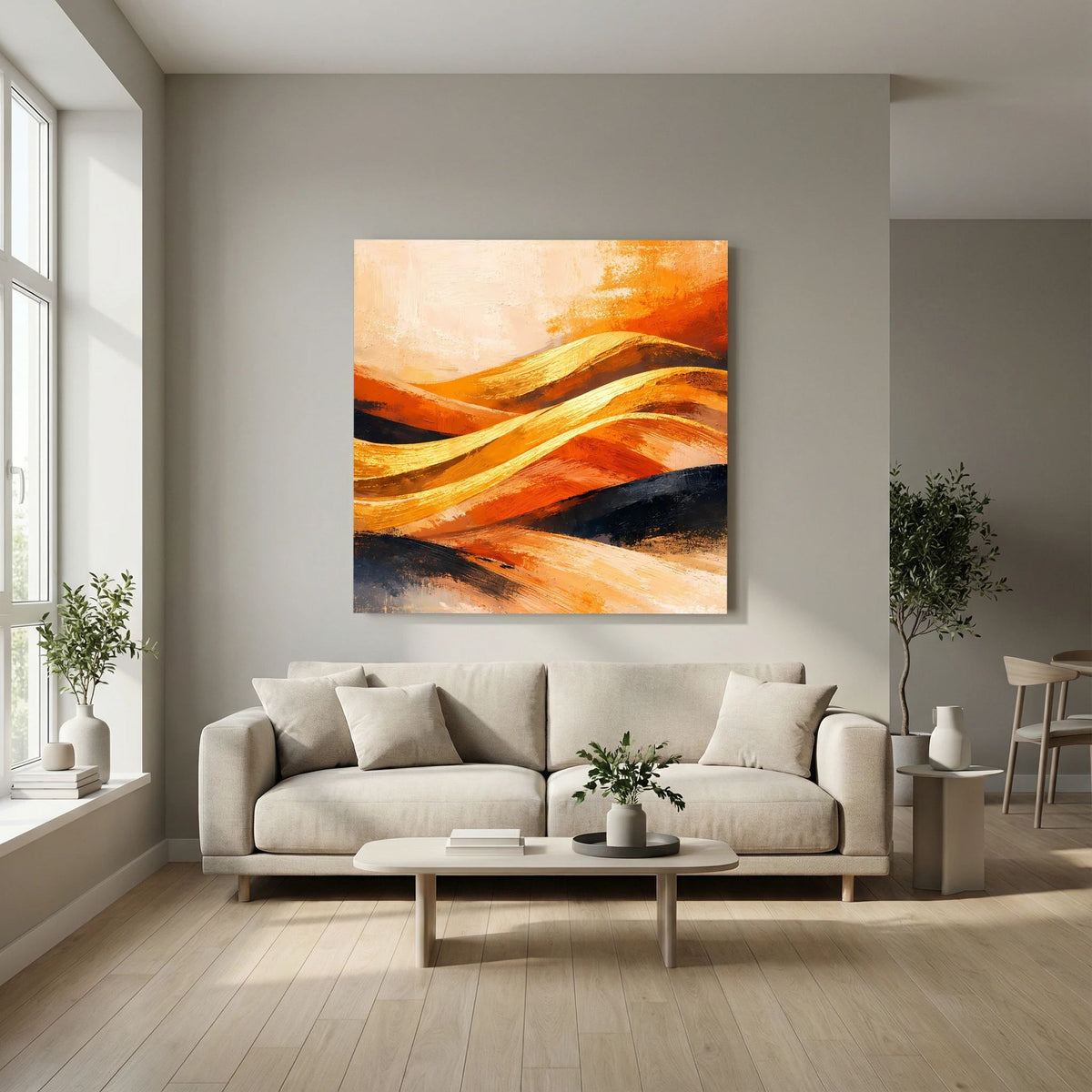 Abstraktes Leinwand-Wandbild mit geschwungenen Dünen in Goldorange, Beige und dunklem Blau