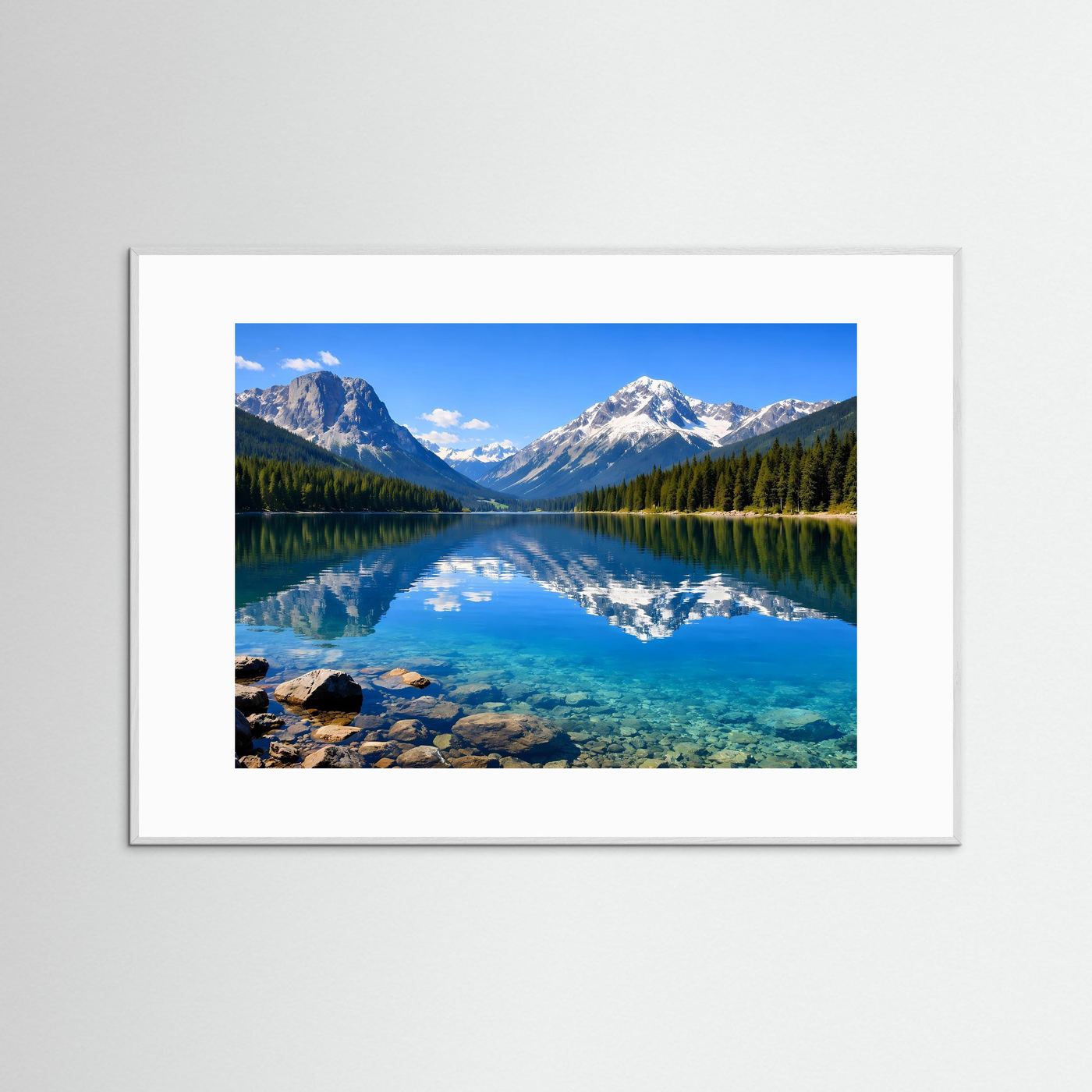Naturposter im Querformat mit weißem Rahmen: Alpensee mit Spiegelung