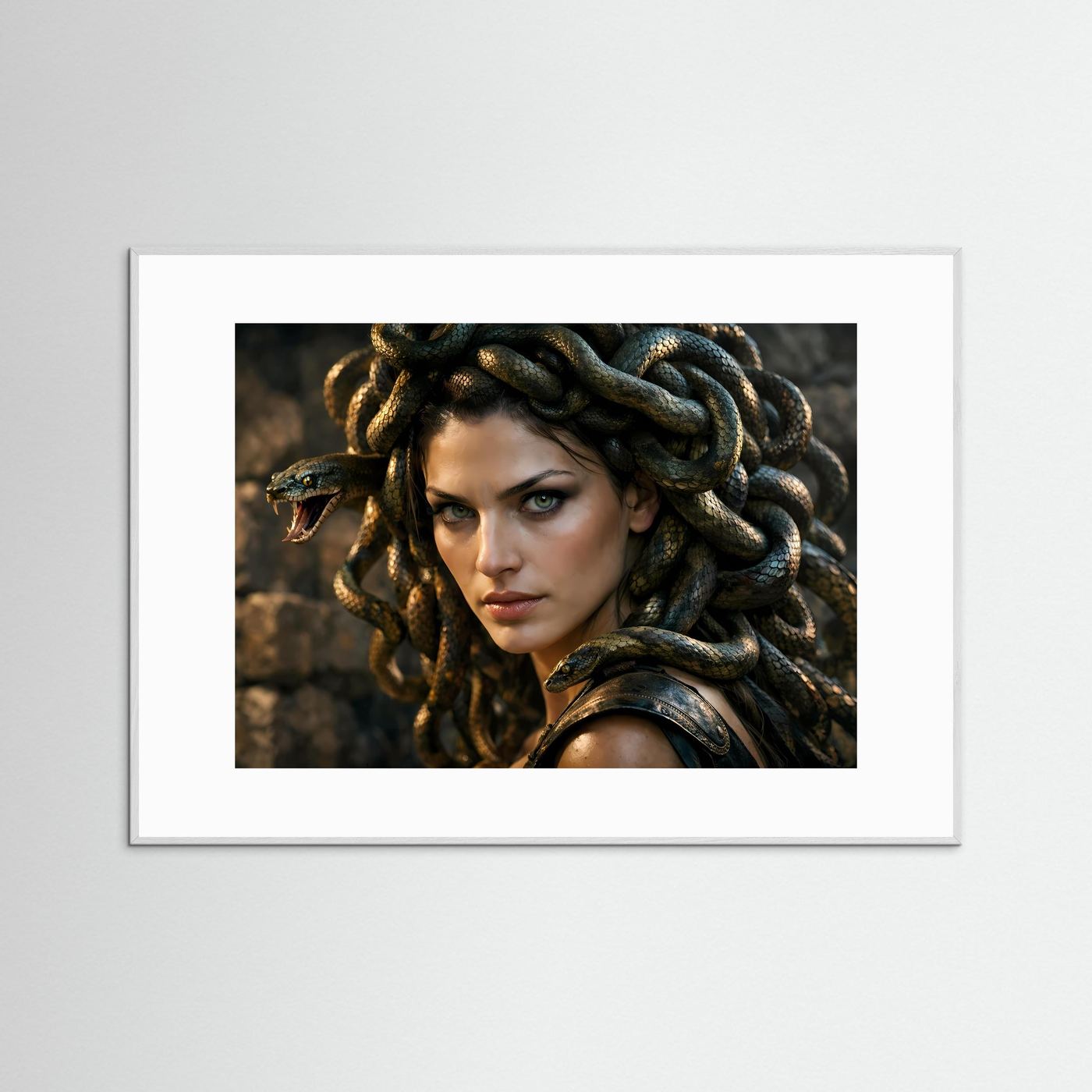 Mythologie-Poster mit Medusa-Porträt, weißlicher Rahmen, Schlangenhaar im Detail