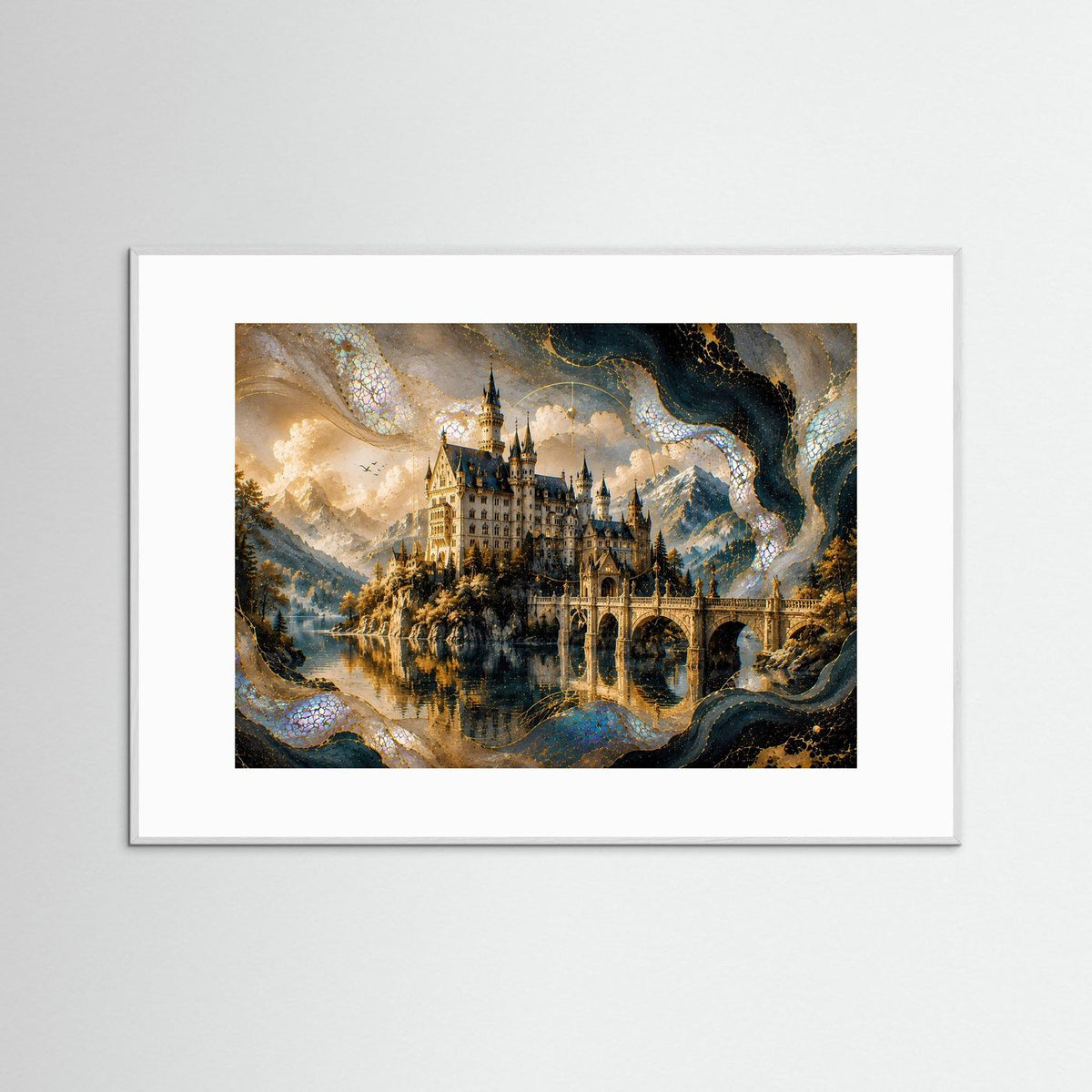 Gerahmtes Poster im Querformat mit Märchenschloss in Gold- und Perlmuttfarben, weißer Rahmen