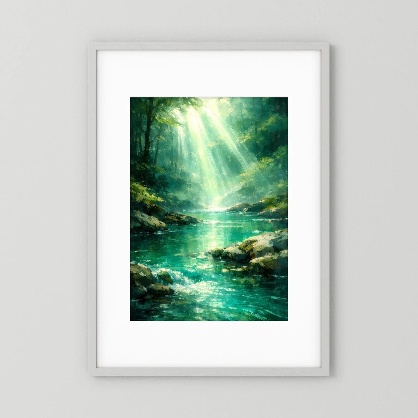 Hochformatiges Wandbild mit leuchtendem Fluss im grünen Wald, weiß gerahmt