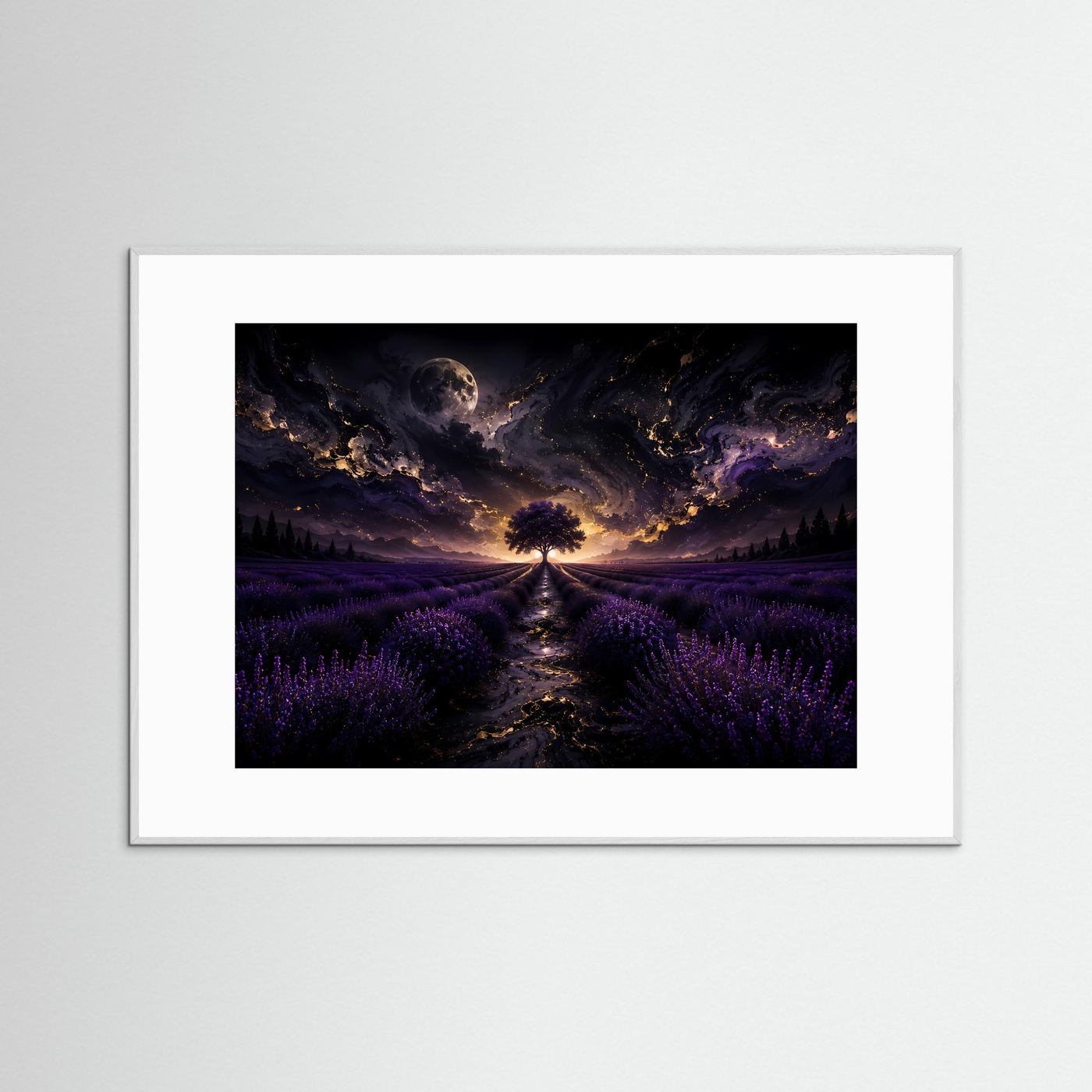 Lavendelfeld Wandbild Nacht | Mystischer Baum unter Mond | Fantasy Landschaft Poster | Lila Leinwandbild | Abstrakte Fine Art Wandkunst