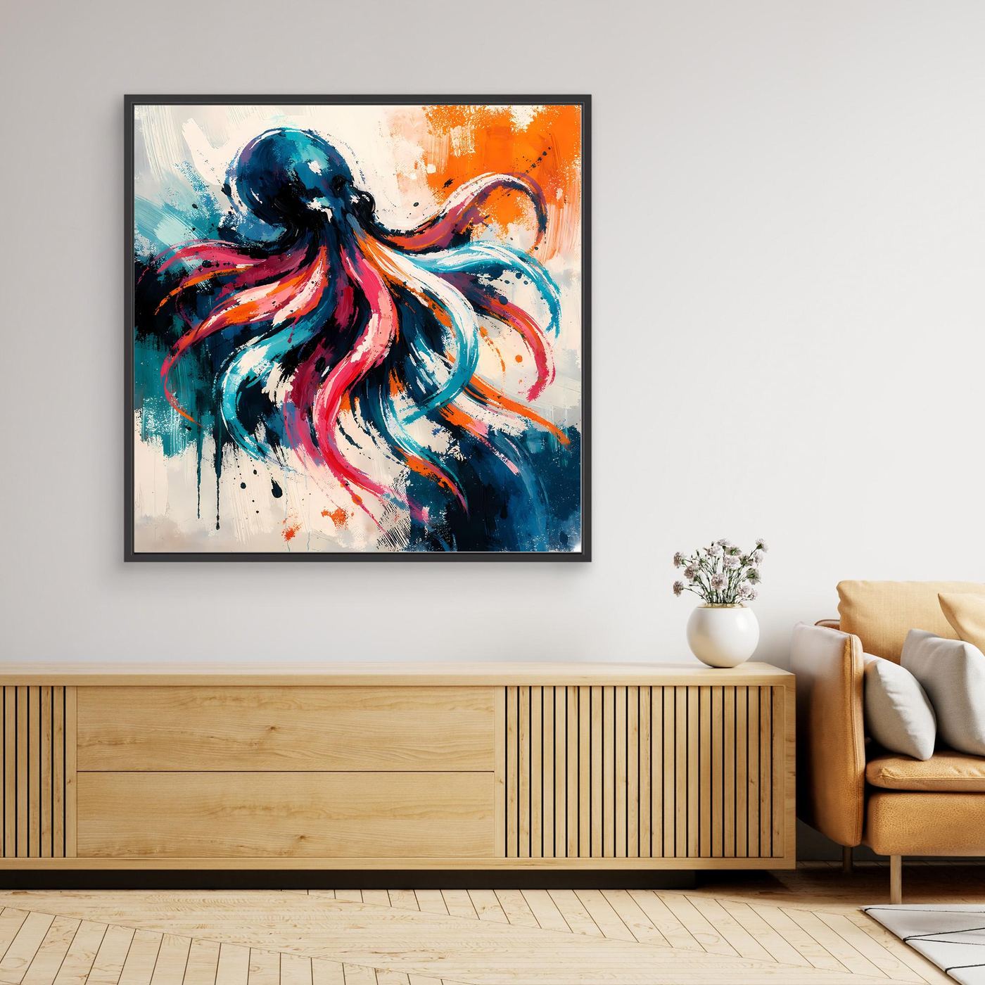 Leinwand Dynamischer Oktopus im Farbenmeer | Abstraktes Krake Wandbild
