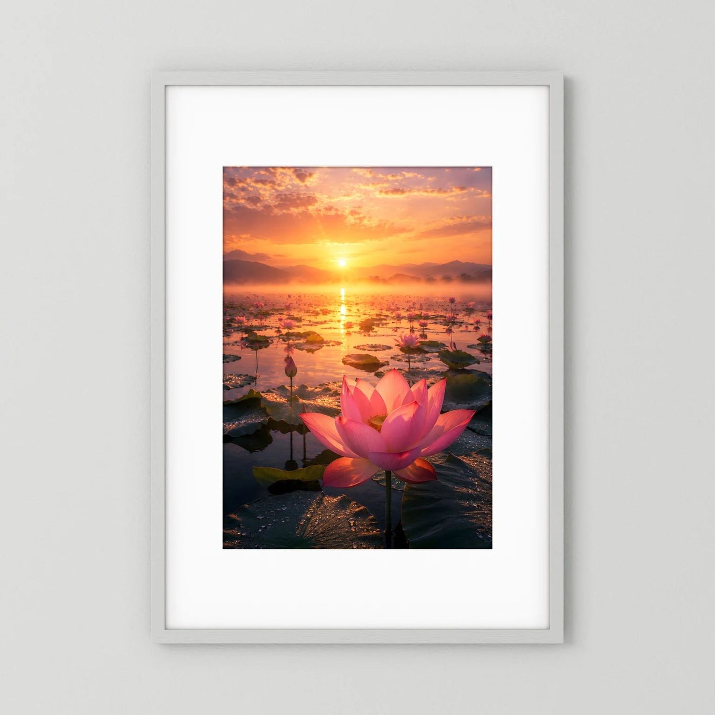 Poster im Hochformat: rosa Lotusblüte bei Sonnenuntergang