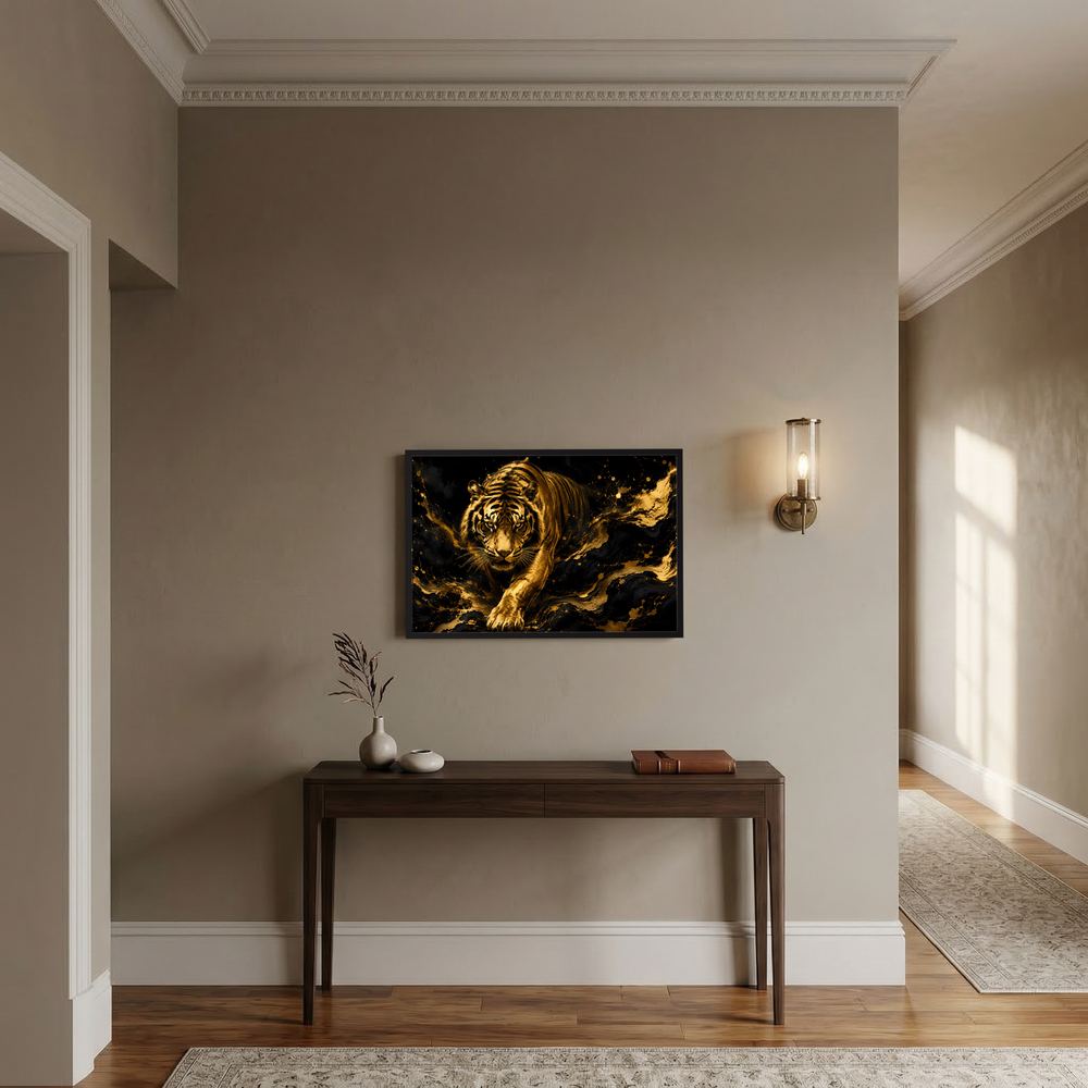 Poster Querformat: goldener Tiger auf schwarzem Grund, im schwarzen Rahmen