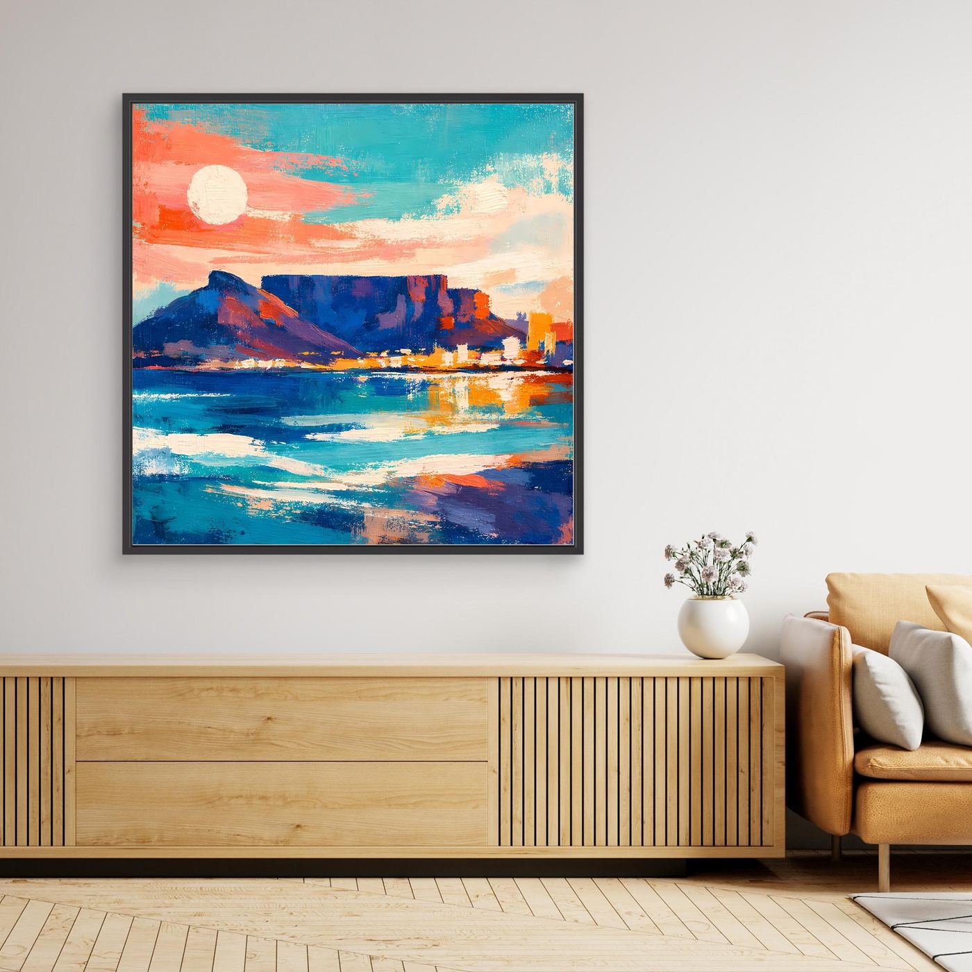 Buntes Leinwand-Wandbild mit Berg- und Meerlandschaft, schwarzer Rahmen