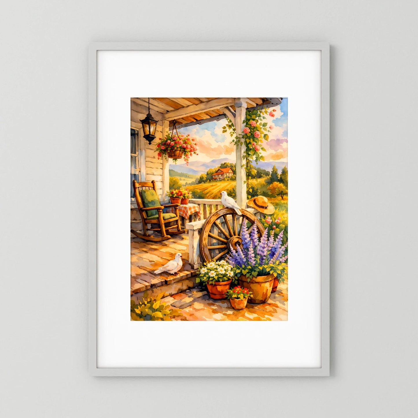 Hochformatiges Kunstposter: ländliche Veranda mit Blumen, Vogel und offener Holzveranda