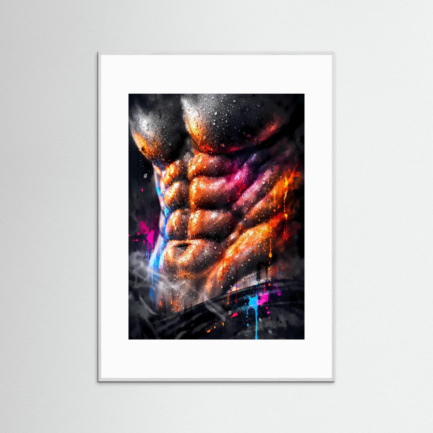 Die Kunst der Definition | Neon Muskel Poster mit durchtrainiertem Sixpack & Regenbogen-Farben | Abstraktes Bodybuilding Kunstposter Hochformat