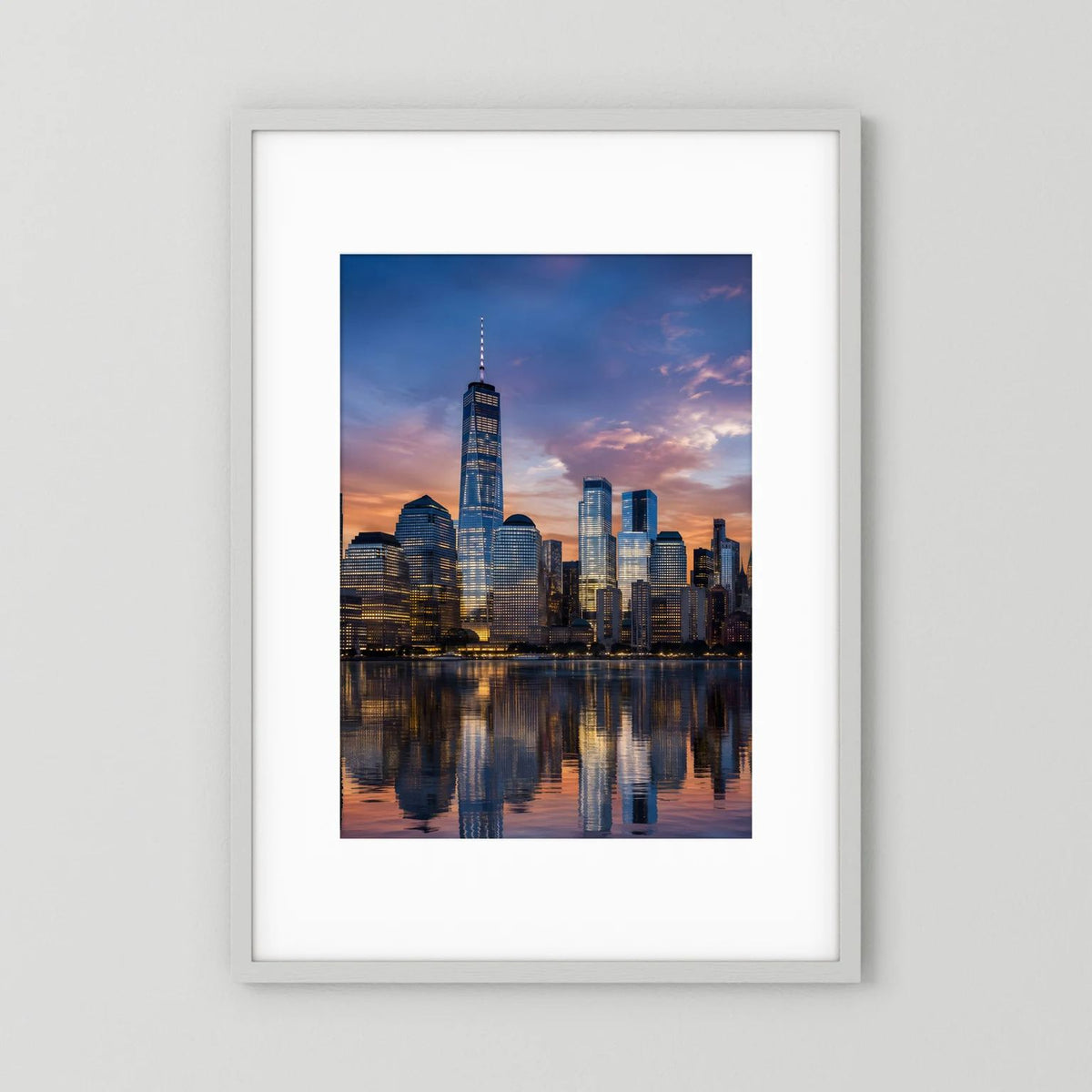 Gerahmtes Poster mit New-York-Skyline und spiegelndem Wasser bei Sonnenuntergang
