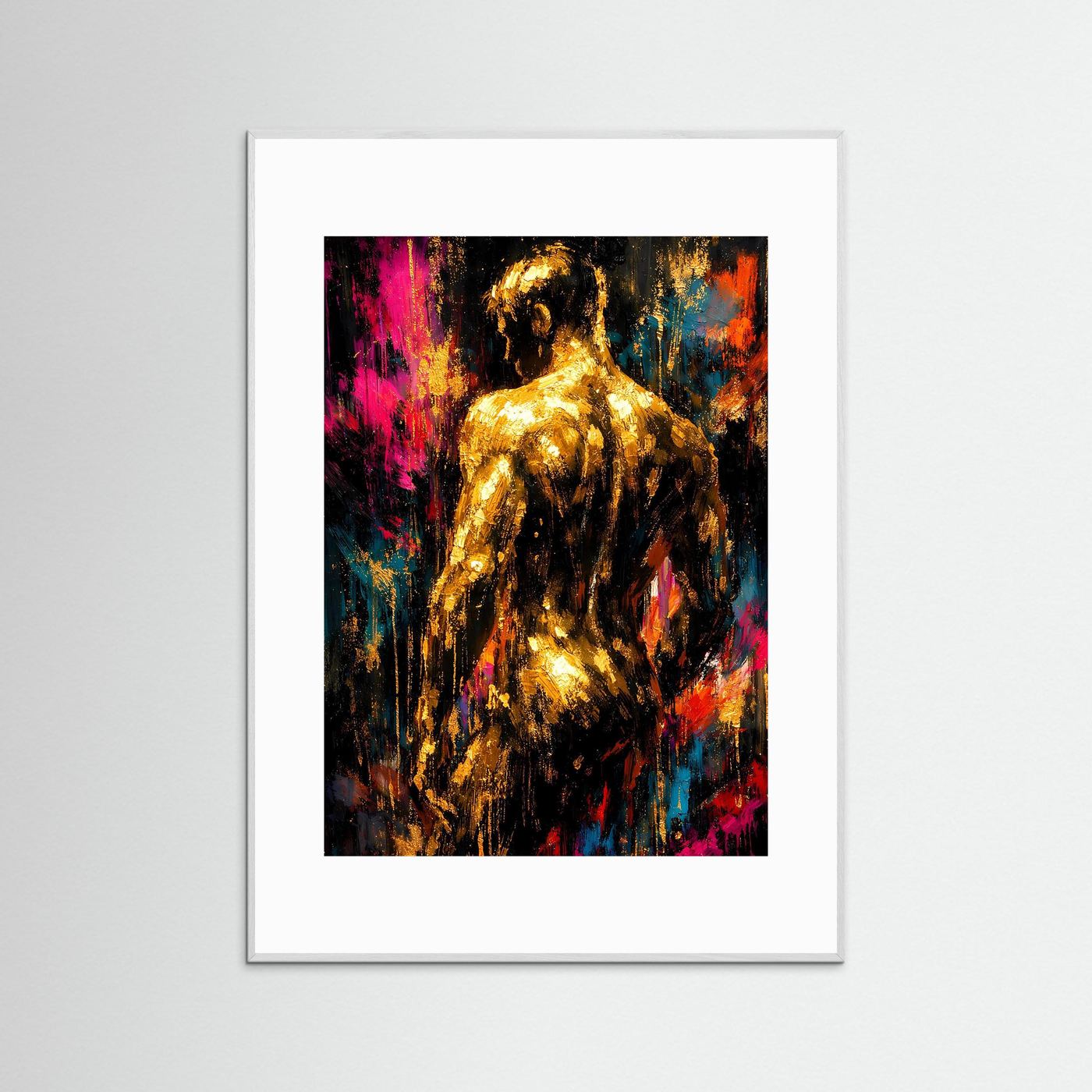 Gerahmtes Kunstposter, abstrakter Männer-Rücken in flüssigem Gold, hellgrauer Rahmen