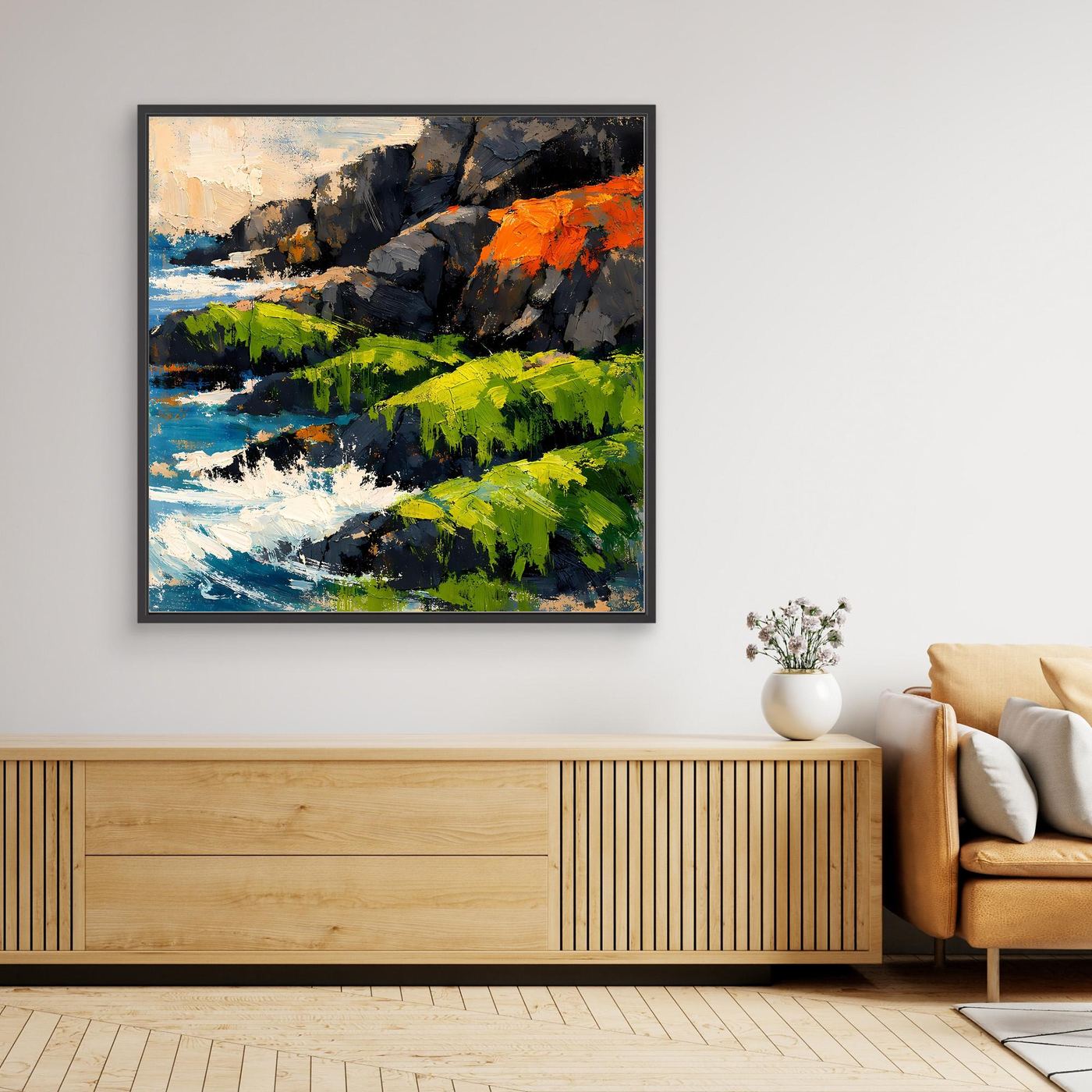 Gerahmtes Leinwand-Wandbild mit abstrakter Küstenlandschaft, schwarzer Rahmen und Grün, Blau, Orange
