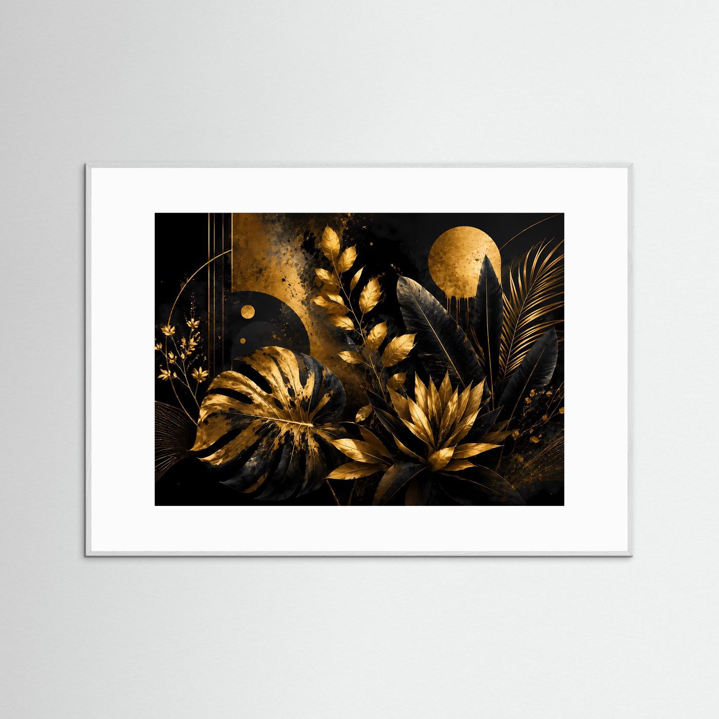 Luxuriöse Tropische Blätter in Schwarz & Gold | Abstrakte Botanische Wandkunst mit Monstera, Palmenblättern und exotischen Pflanzen | Elegantes Premium Wandbild im Querformat