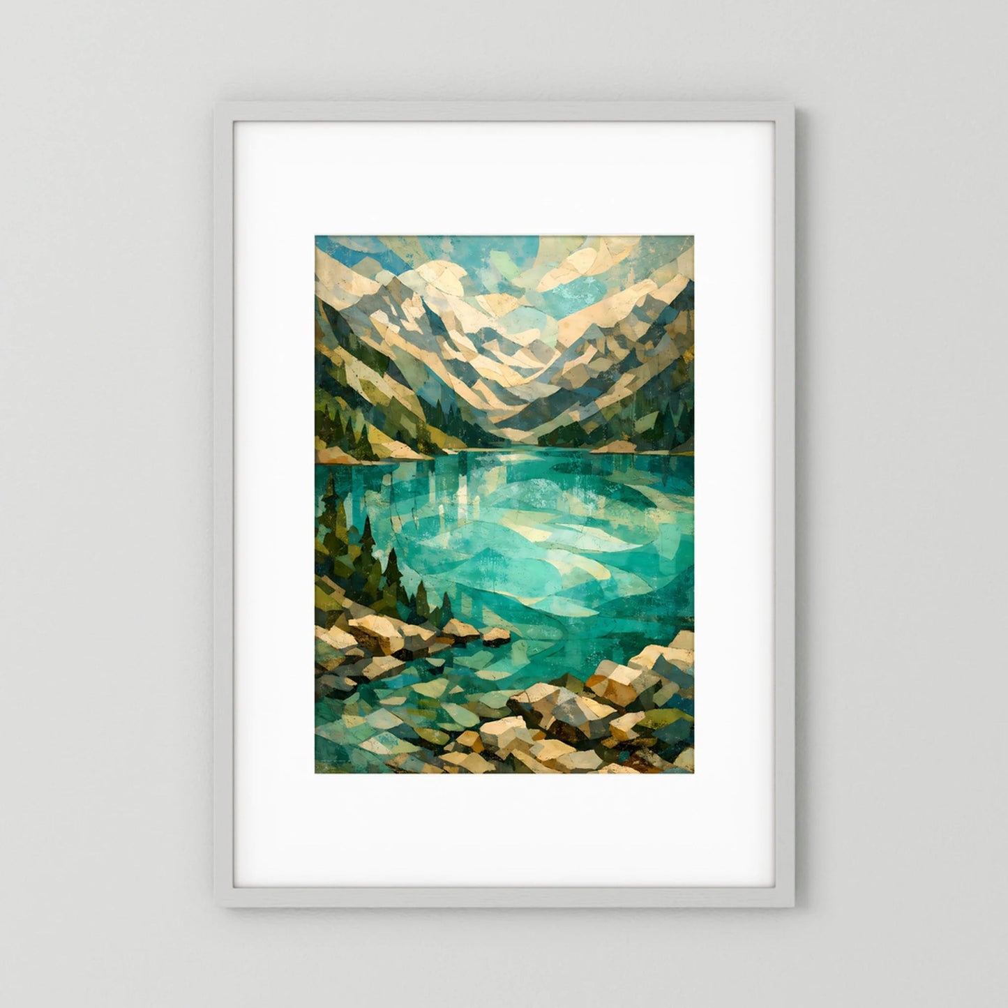 Gerahmtes Kunstposter mit türkisfarbener, abstrakter Alpenlandschaft und Spiegelung