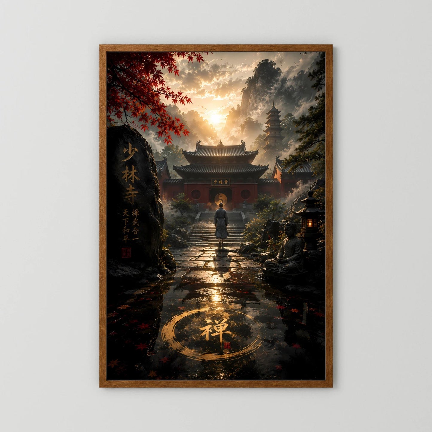 Poster im Hochformat mit Shaolin-Tempel-Motiv: Mönch im Torweg, rote Blätter, Holzrahmen