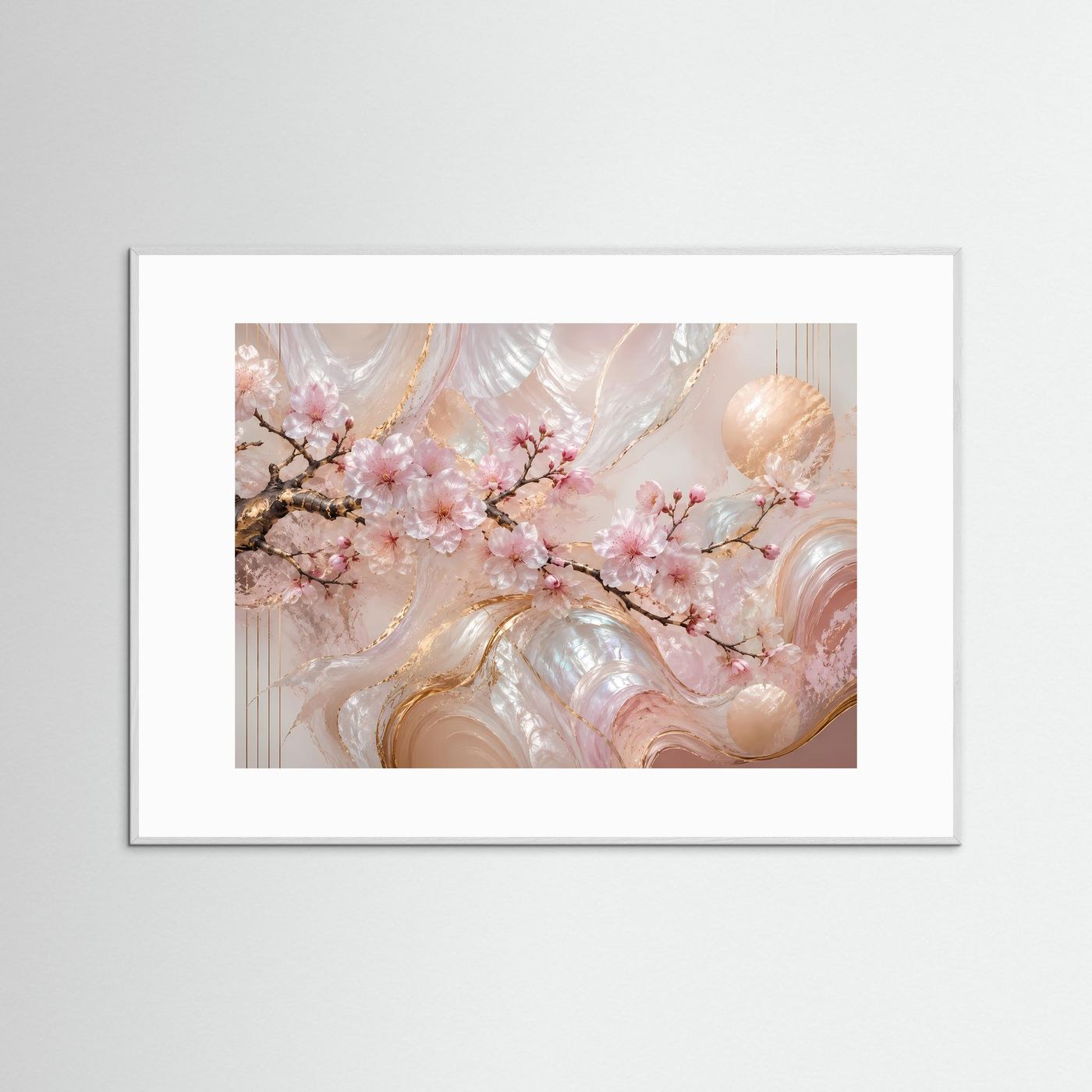 Querformat-Poster mit abstrakten Sakura-Blüten in Rosa und Gold, weiß gerahmt