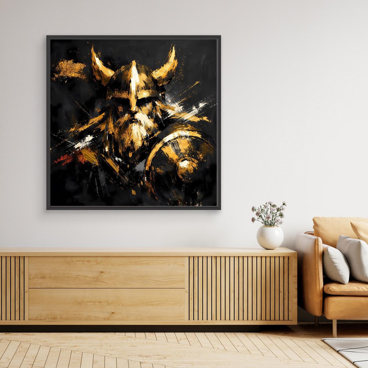 Leinwand Goldener Wikinger mit Schild | Abstraktes Nordmann Wandbild Modern