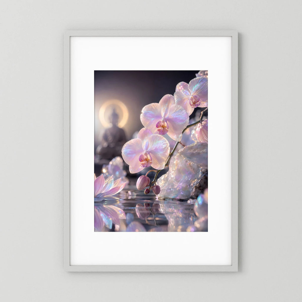 Hochformatiges Poster mit hellrosa Orchideen und Perlmutt-Effekt, im Rahmen