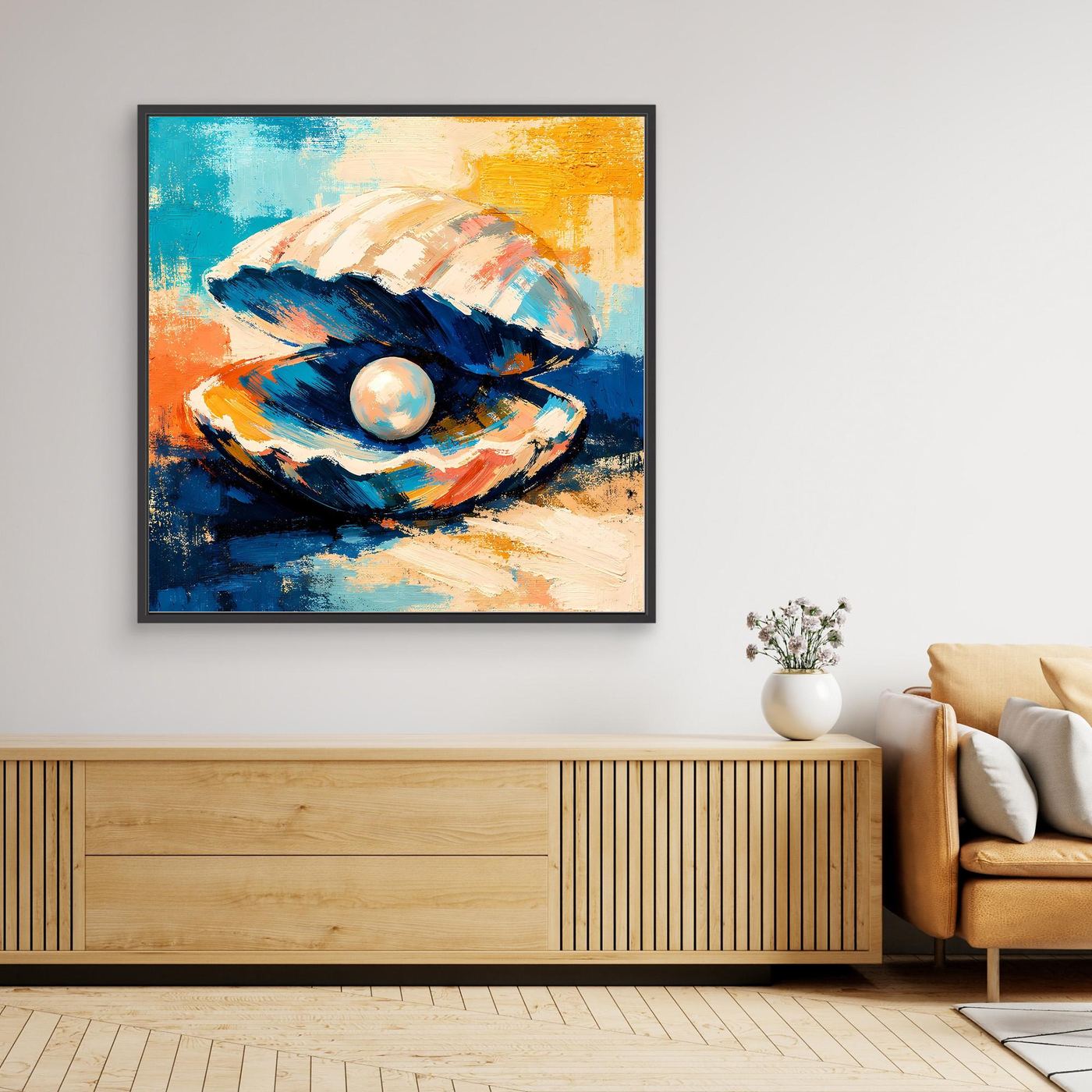 Canvas wall art with black frame, seashell and pearl in blue and orange abstract