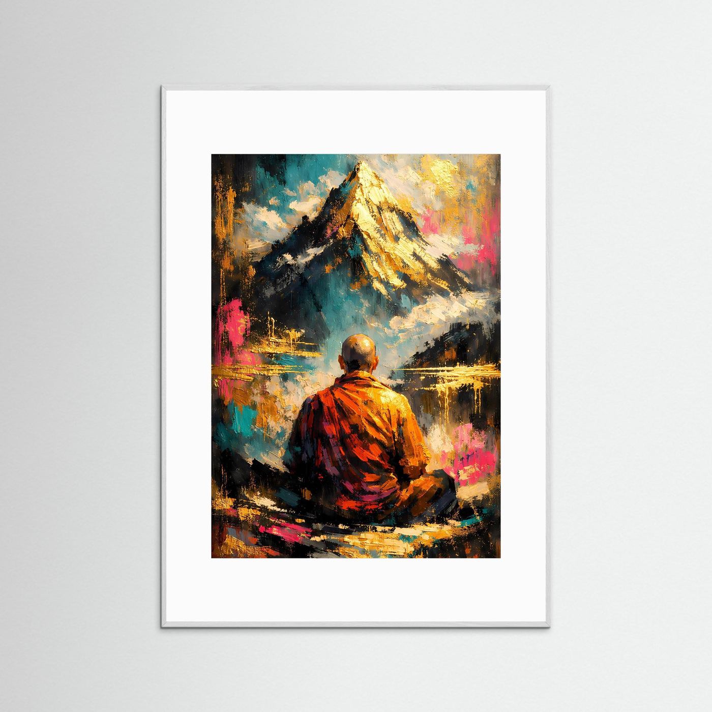 Kunstposter Hochformat mit meditierendem Mönch, bunte Pinselgrafik, grauer Rahmen