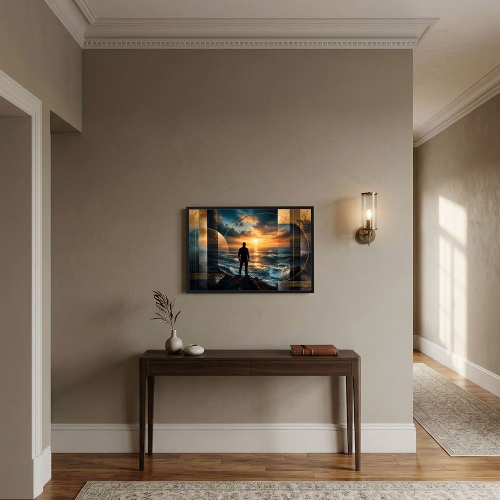 Querformatiger Poster mit Sonnenuntergang am Meer, Personensilhouette und abstrakten Formen im Rahmen