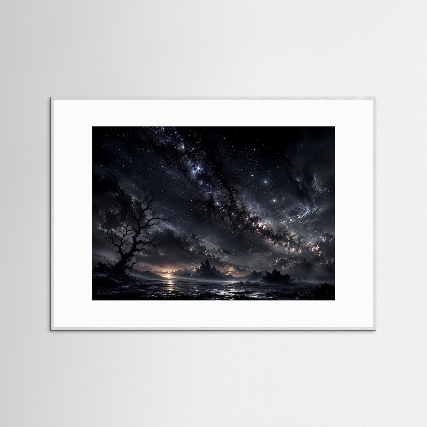 Milchstraße Poster Schwarz Weiß | Mystischer Sternenhimmel Landschaft | Kosmische Nacht Wandbild | Fantasy Himmel | Moderne Himmelskunst