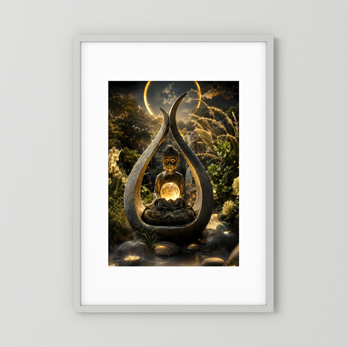 Hochformatiges Kunstposter mit meditierendem Buddha in goldener Lichtkugel