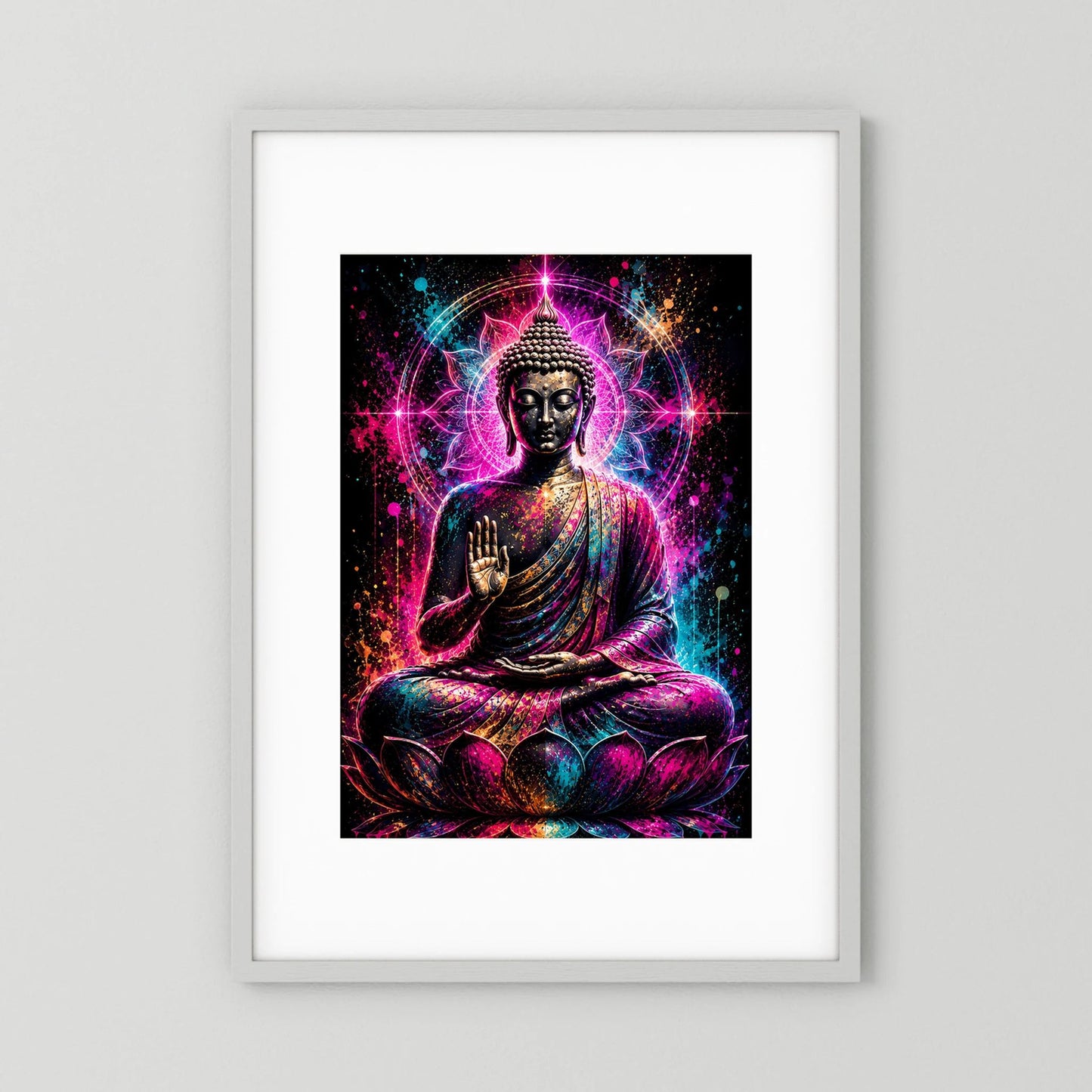 Poster mit meditierendem Buddha auf Lotus: neon pink & türkis, Mandala