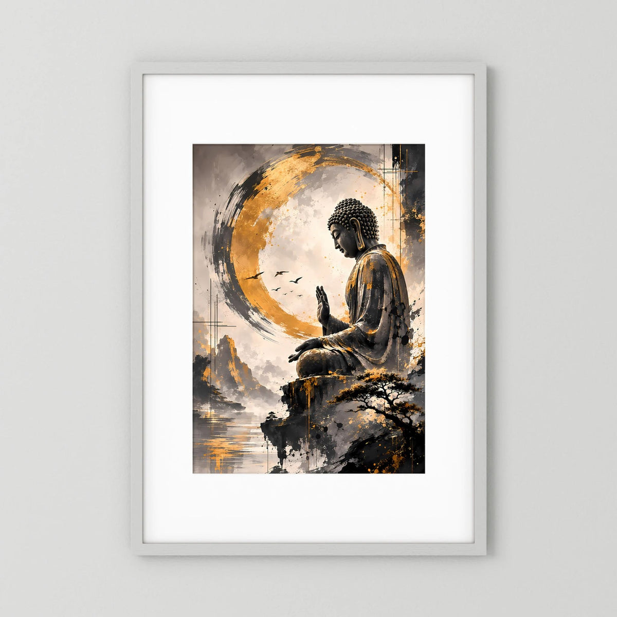 Poster im Hochformat: sitzender Buddha im goldenen Kreis, abstrakte Landschaft in Schwarz und Gold