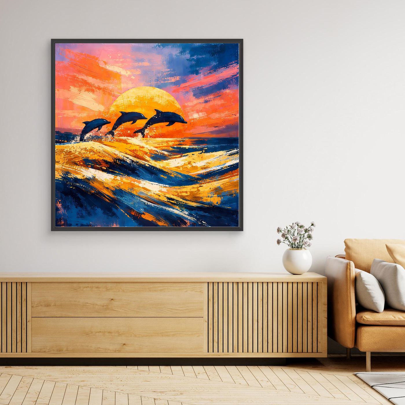 Leinwand Springende Delphine im Sonnenuntergang | Abstraktes Ozean & Meer Wandbild