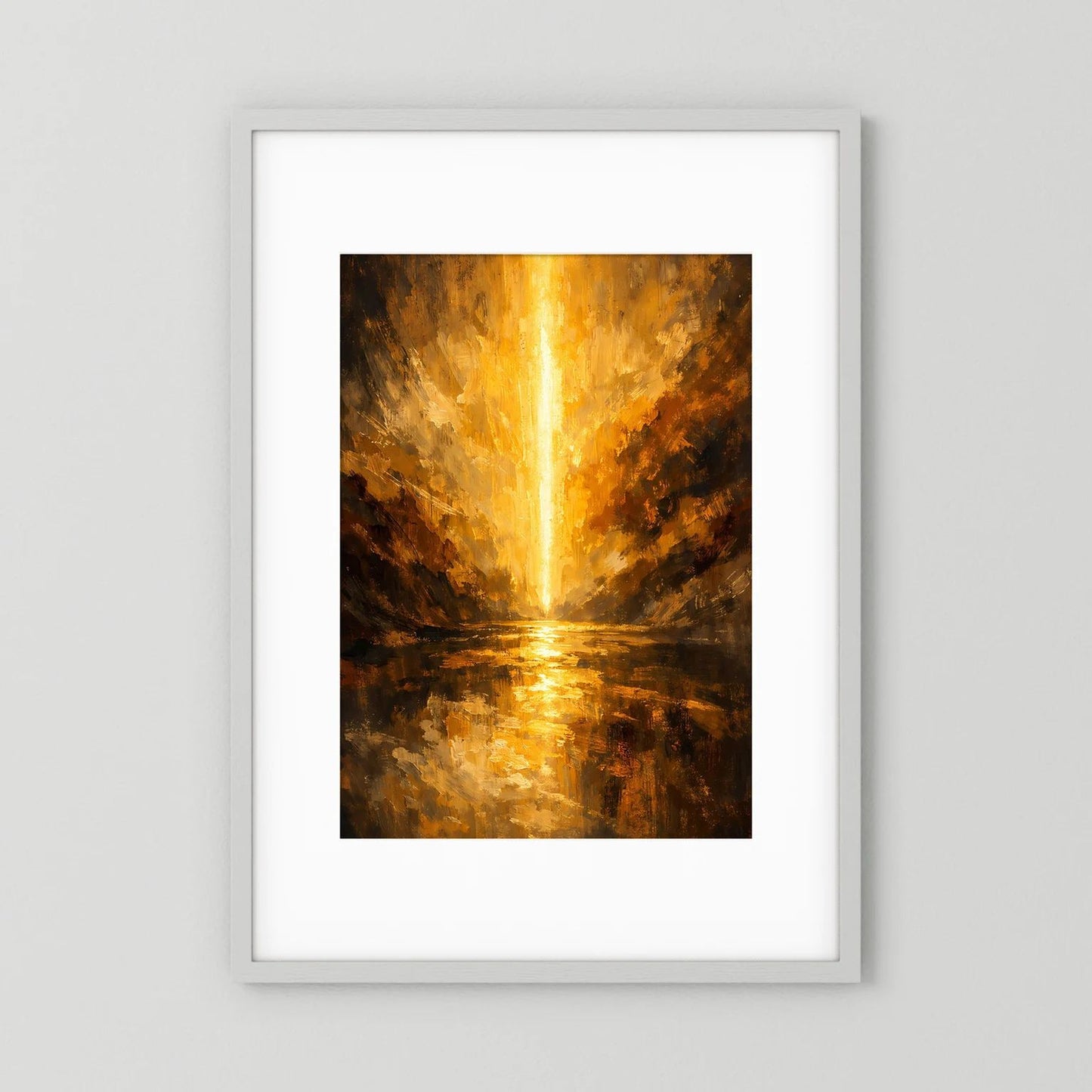 Hochformat-Poster mit goldener, leuchtender Schlucht und dunklen Kontrasten im weißen Rahmen