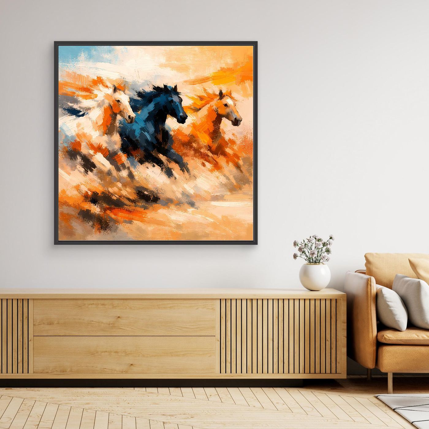 Premium Leinwand Wilde Pferde Galopp | Abstraktes Wandbild Dynamische Ölgemälde Optik