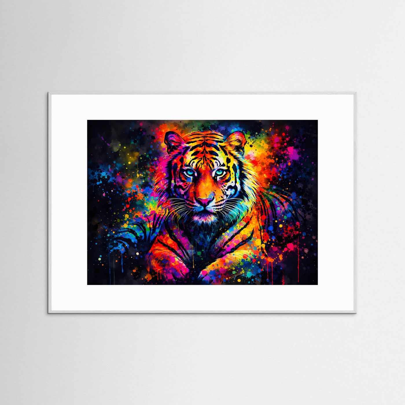 Tiger-Tierposter im Pop-Art-Stil im grauen Rahmen mit weißem Passepartout