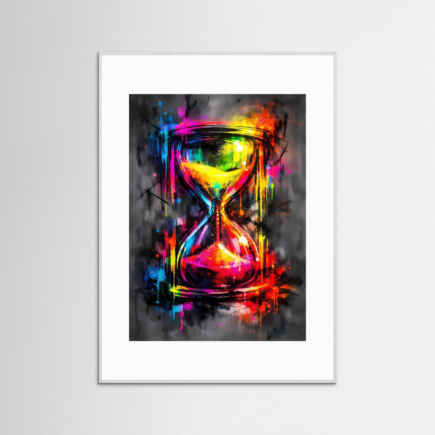 Die Farbe der Zeit | Neon-Sanduhr Poster in bunten Farben & Graffiti-Optik | Abstraktes Kunstposter Hochformat