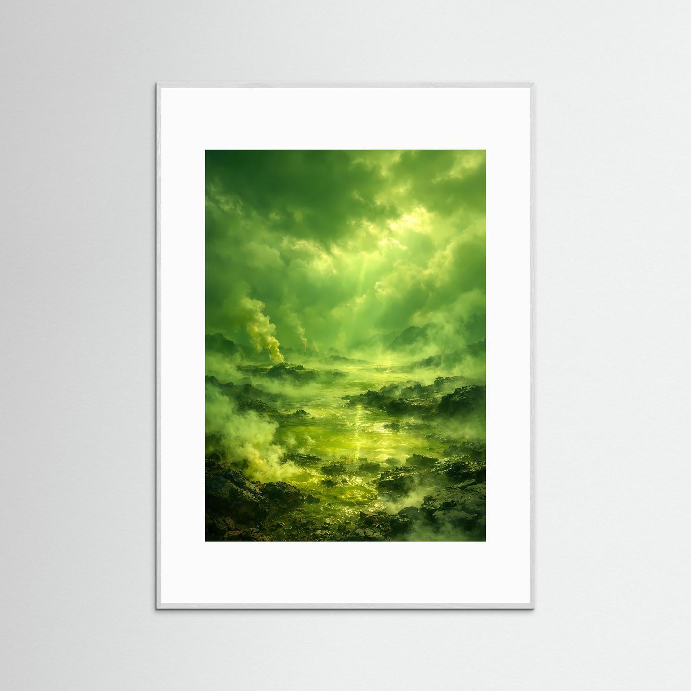 Hochformat-Naturposter mit grüner Landschaft, weißer Rahmen