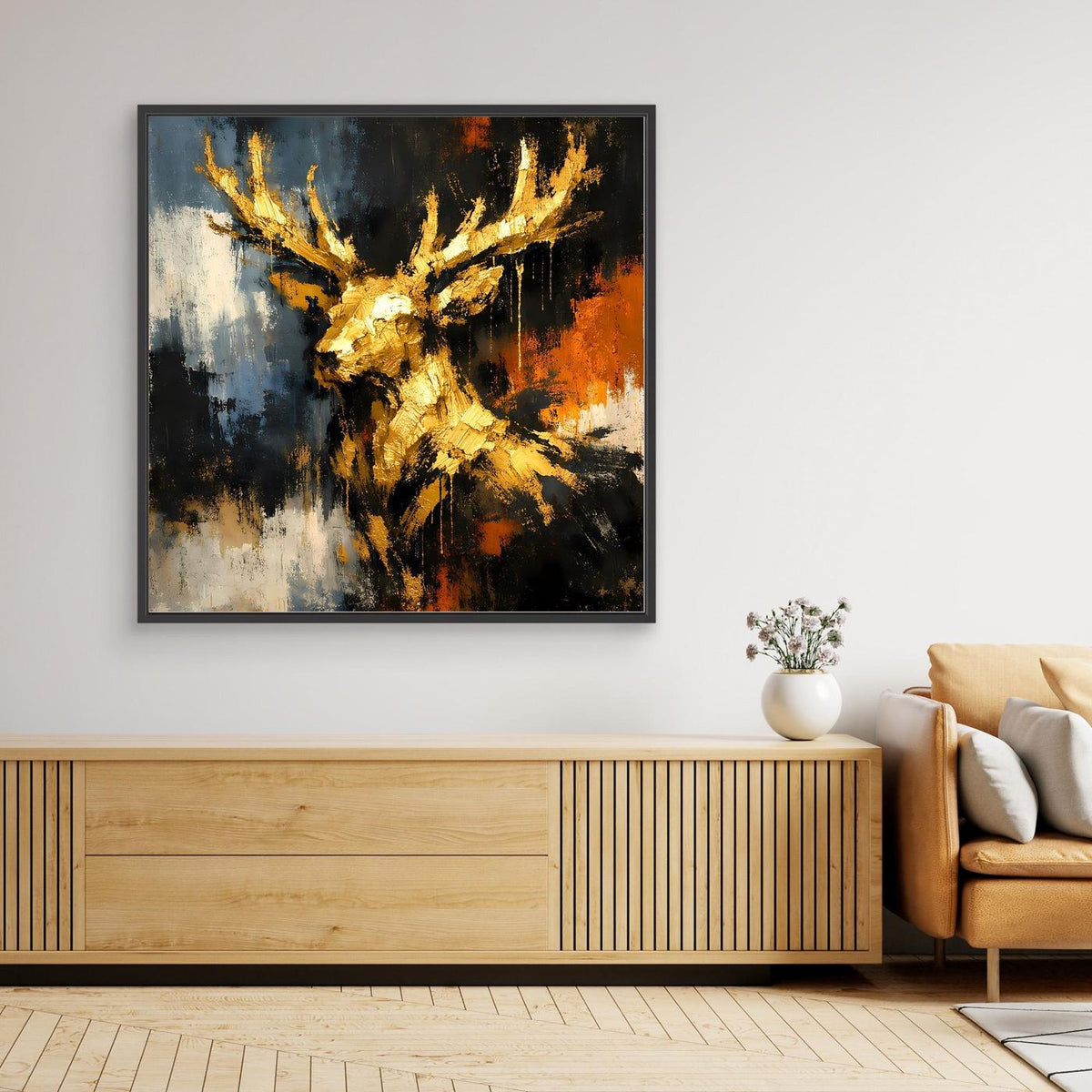Abstrakte Hirsch-Leinwand mit Goldakzenten und schwarzem Rahmen