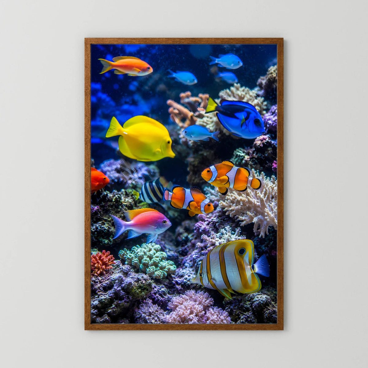 Gerahmtes Poster mit Tropenfischen am Korallenriff im Hochformat, Holzrahmen ohne Rand