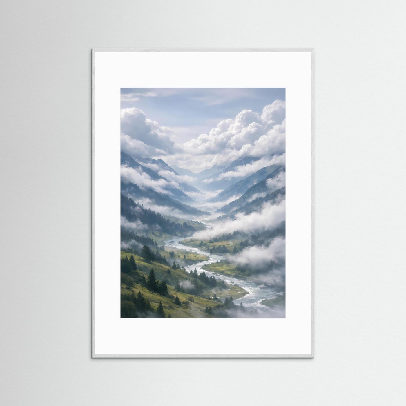 Hochformat-Poster mit Berglandschaft in Blau-Weiß, grauer Rahmen und weißer Rand