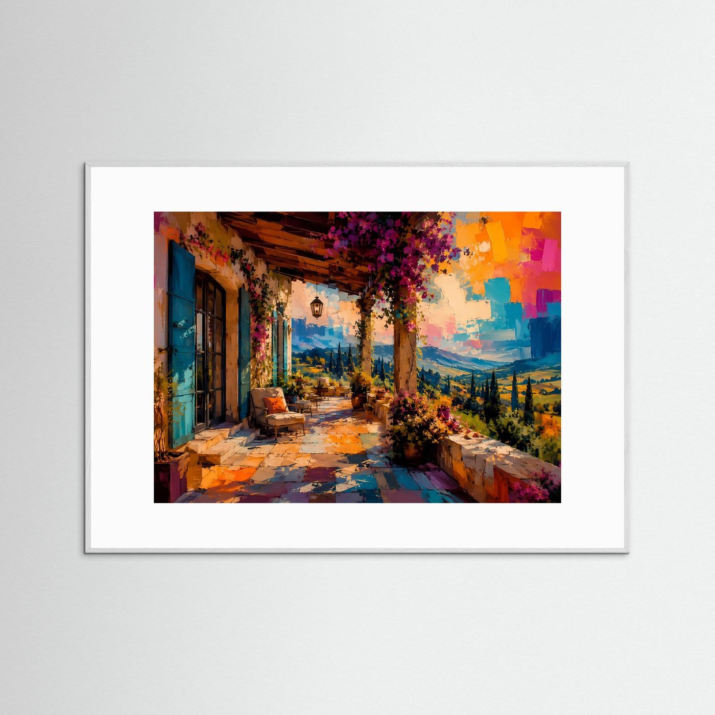 Querformat-Poster Landschaft: mediterrane Terrasse mit weißem Rahmen