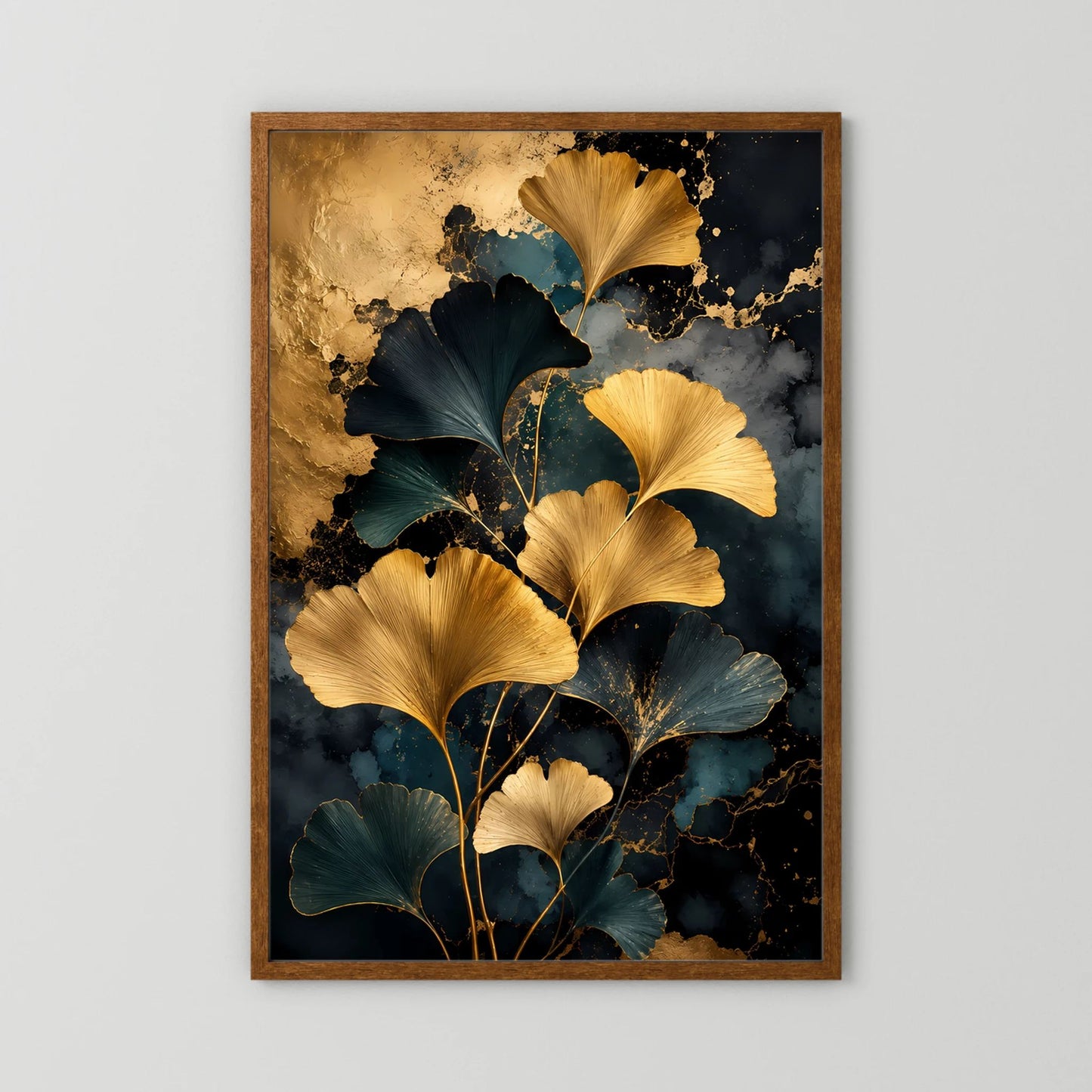 Vertikales Poster mit goldenen Ginkgo-Blättern, dunkelblau, brauner Rahmen