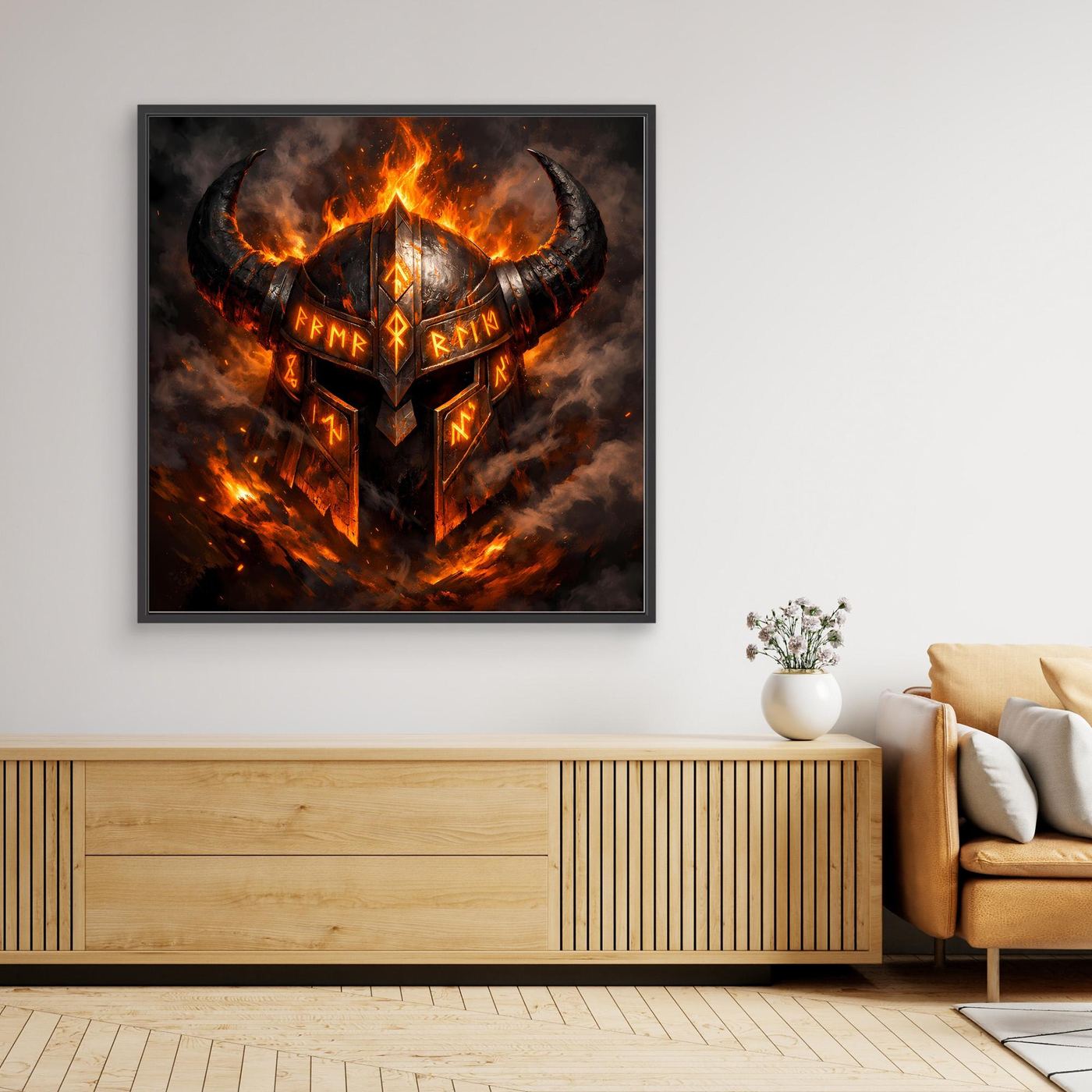 Wandbild mit flammender Wikinger-Helm-Illustration und Runen, schwarzer Rahmen