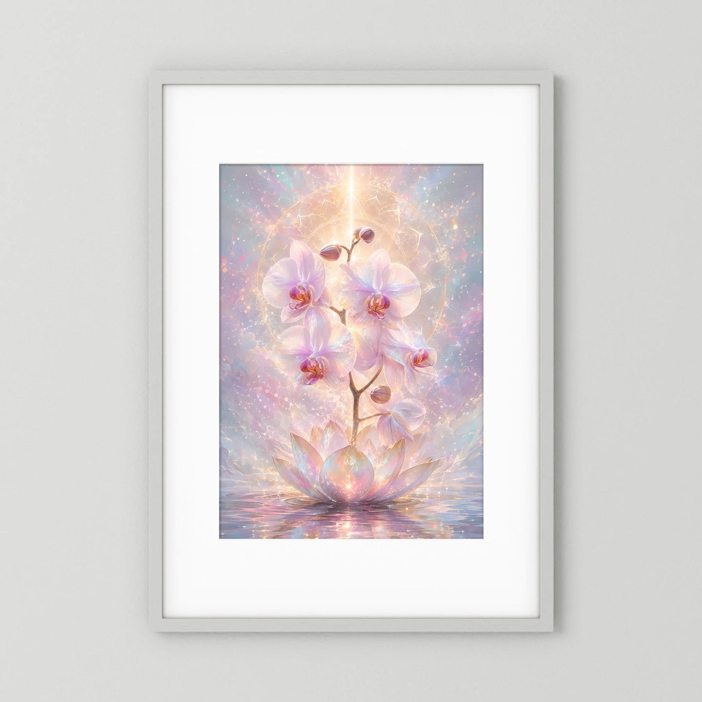 Hochformatiges Poster mit Lotus- und Orchideenblüten in Pastell mit goldenen Akzenten