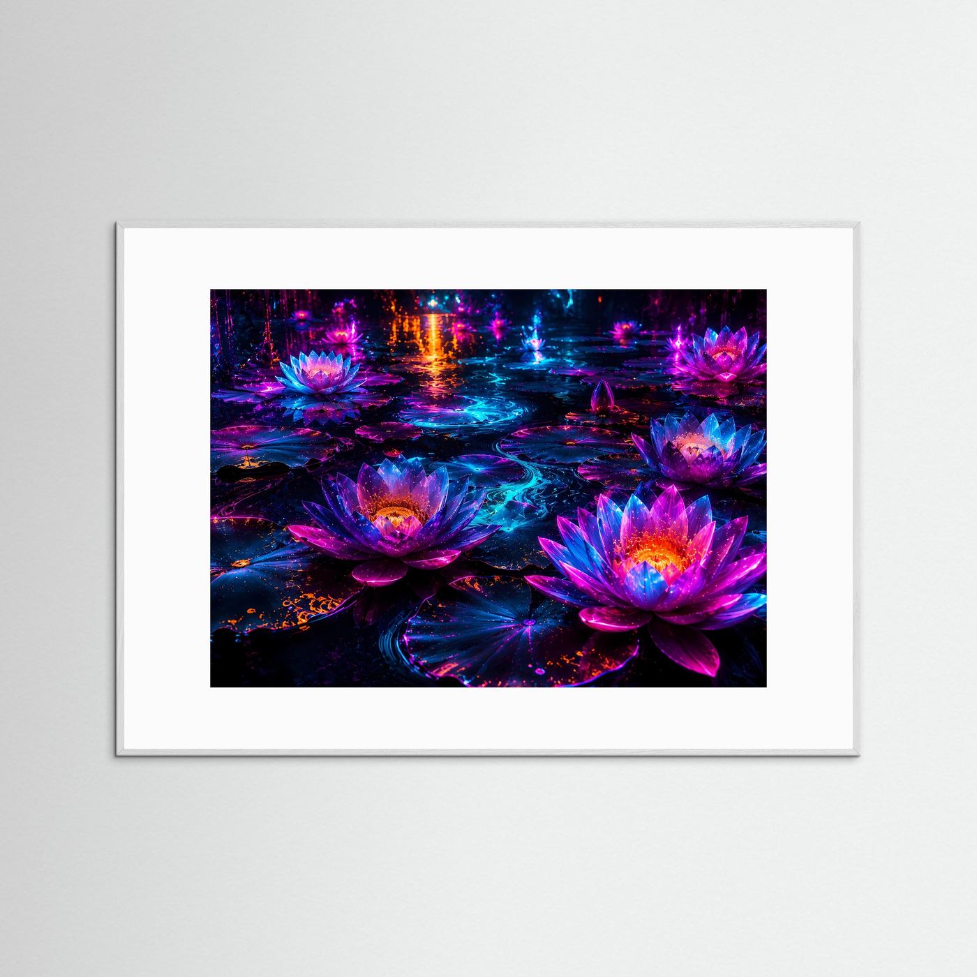 Lotusblüten Neon Poster Querformat | Leuchtende Seerosen Fantasy Wandkunst | Abstrakte Moderne Kunst