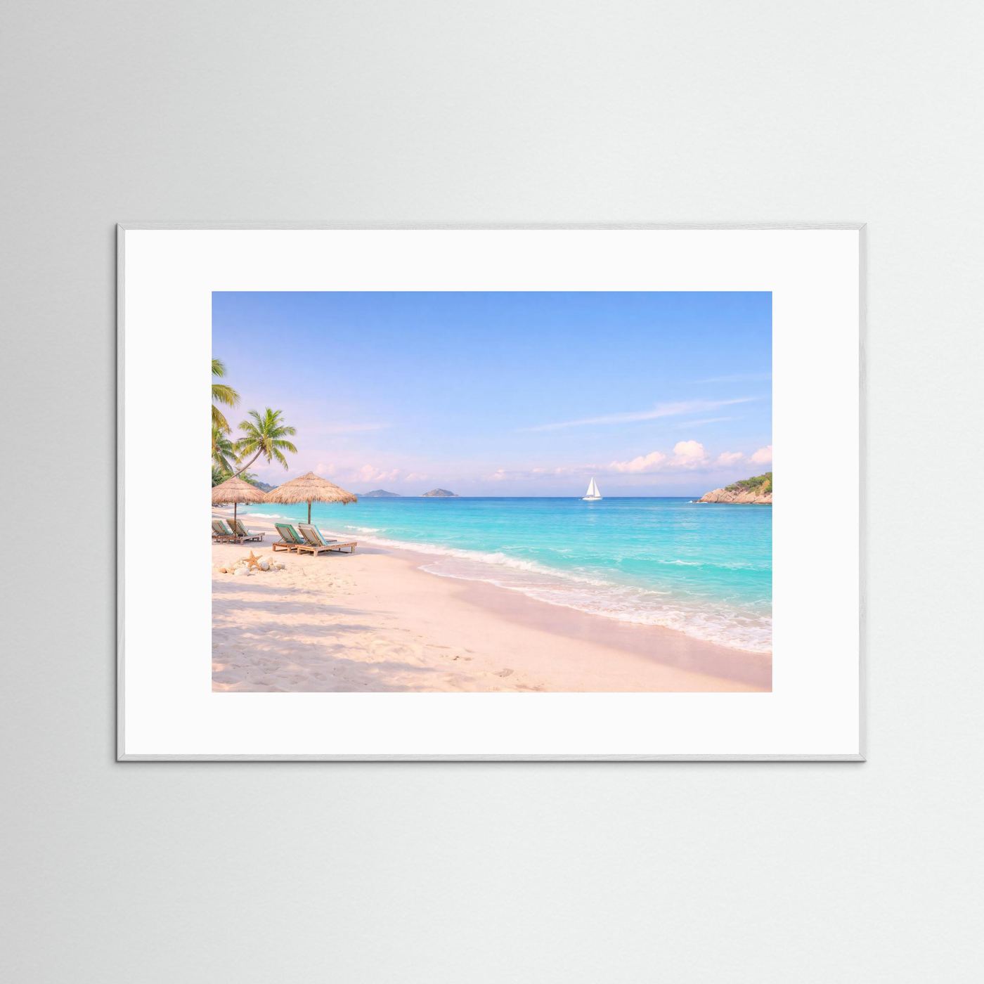 Strand-Poster mit Segelboot und Palmen am Sandstrand im weißen Rahmen