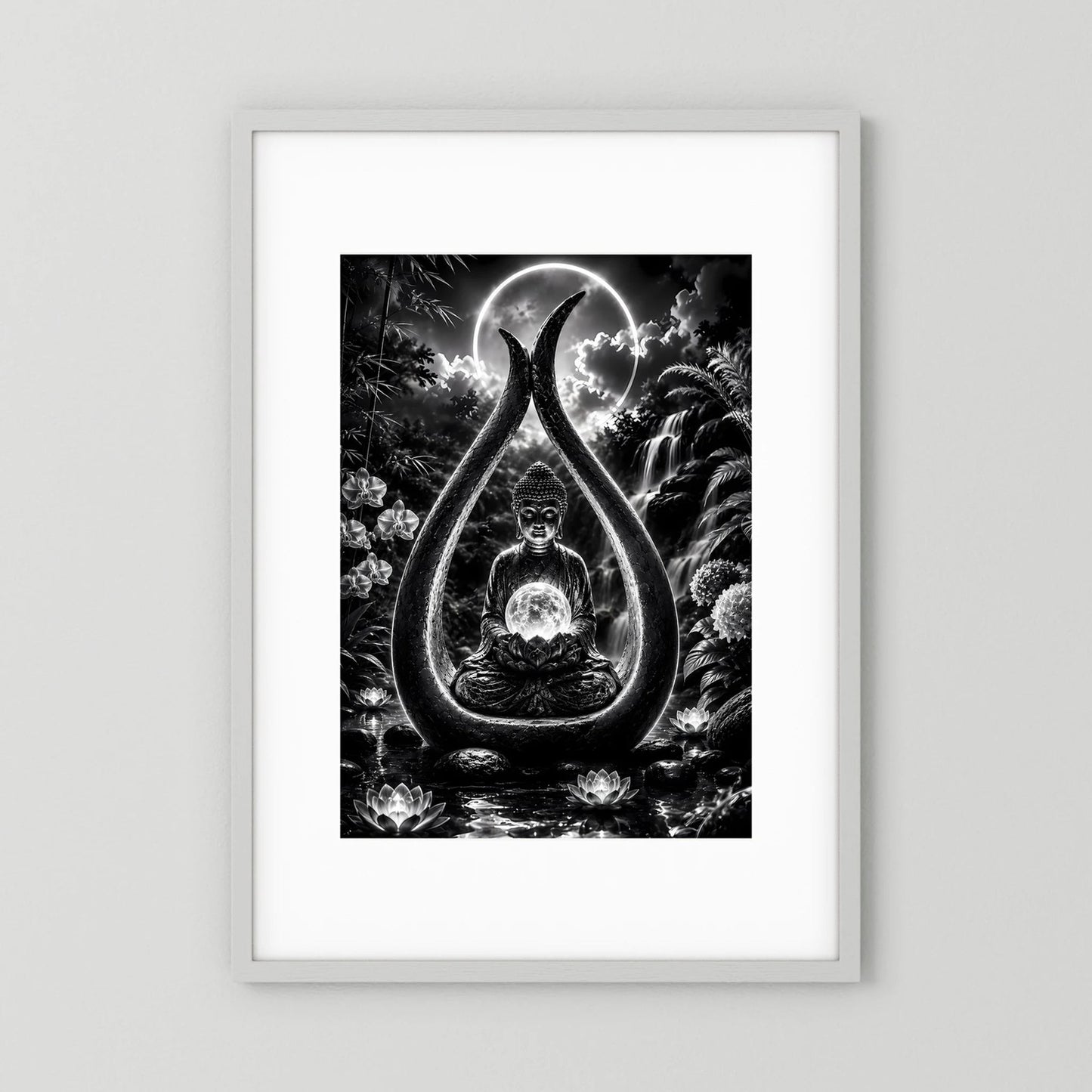 Hochformatiges schwarzweißes Zen-Poster mit sitzendem Buddha im Tropfenmotiv, Mond hinterlegt