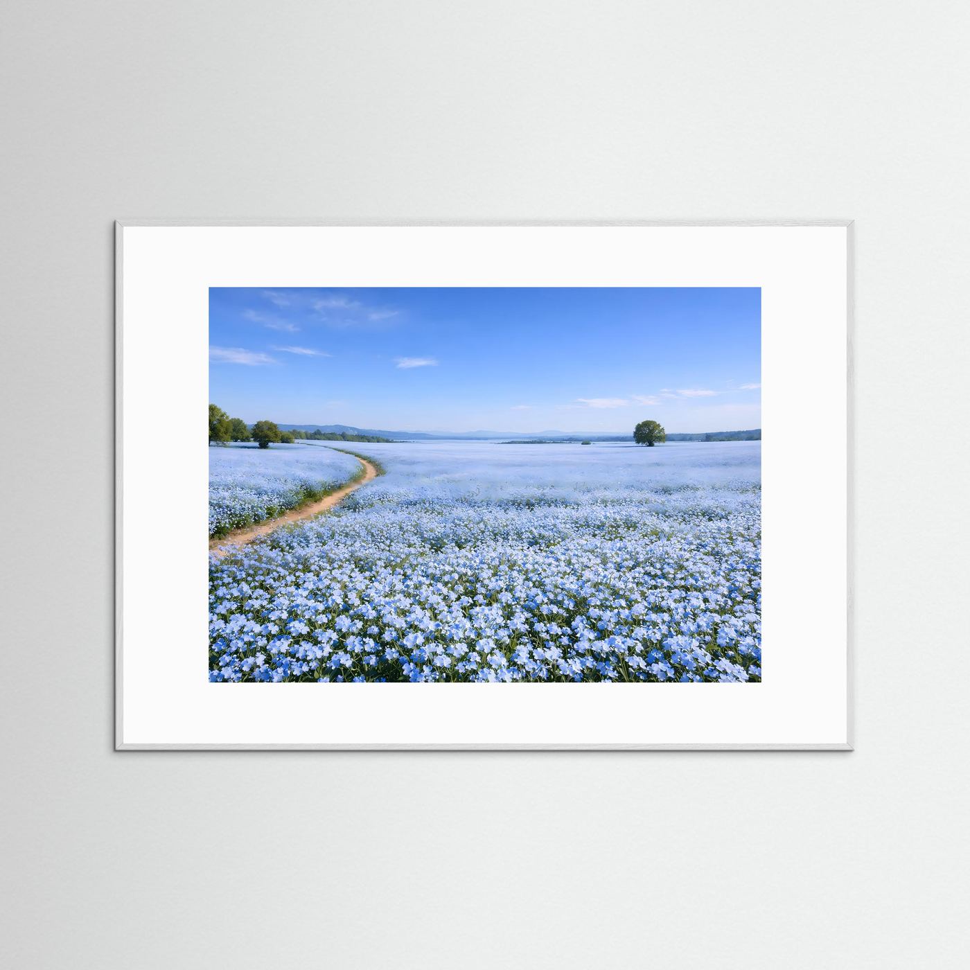 Malerisches Blaues Blumenfeld mit Feldweg | Idyllische Landschaft & Natur Poster Querformat