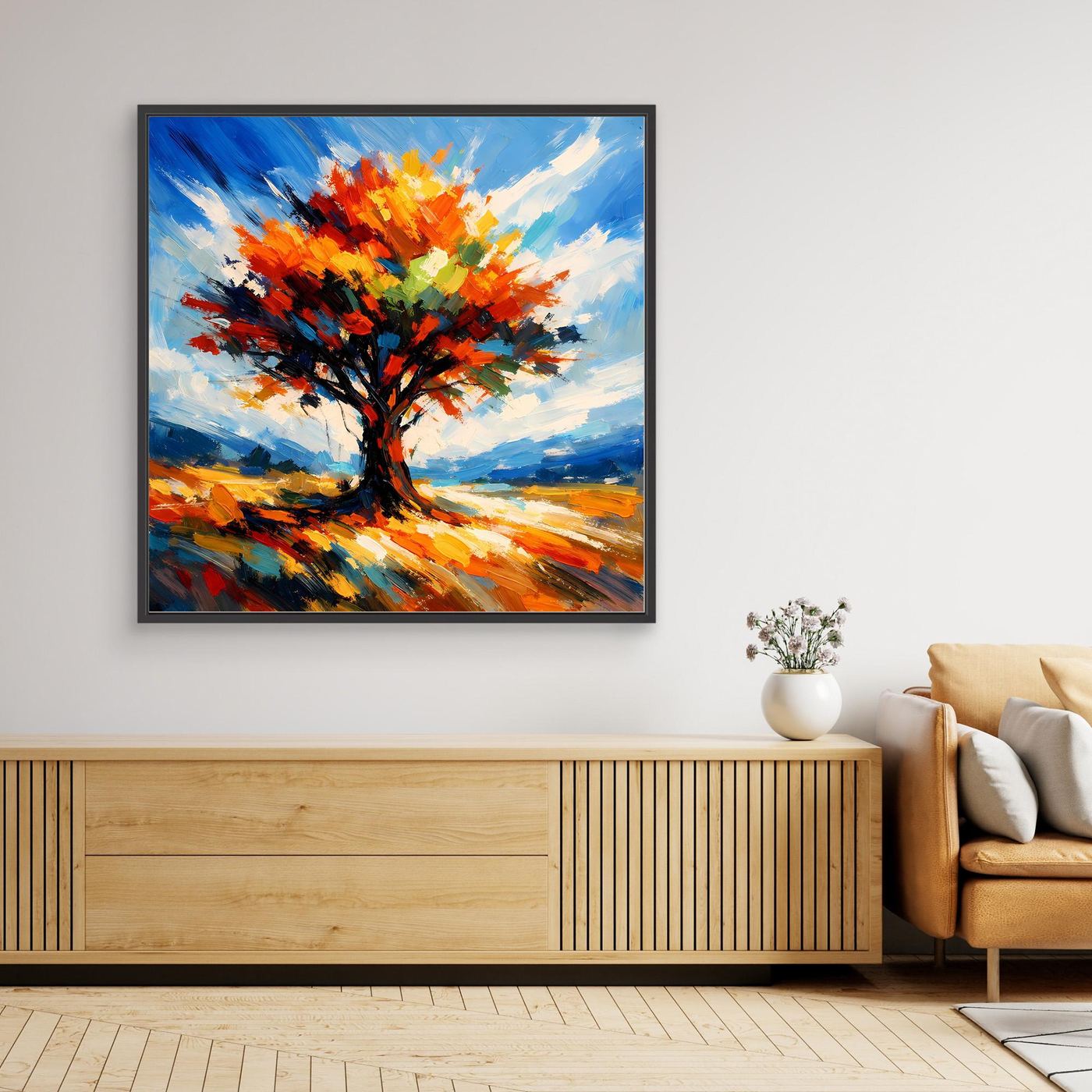 Gerahmtes Leinwandbild mit schwarzem Rahmen: Herbstbaum in bunten Farben, impasto