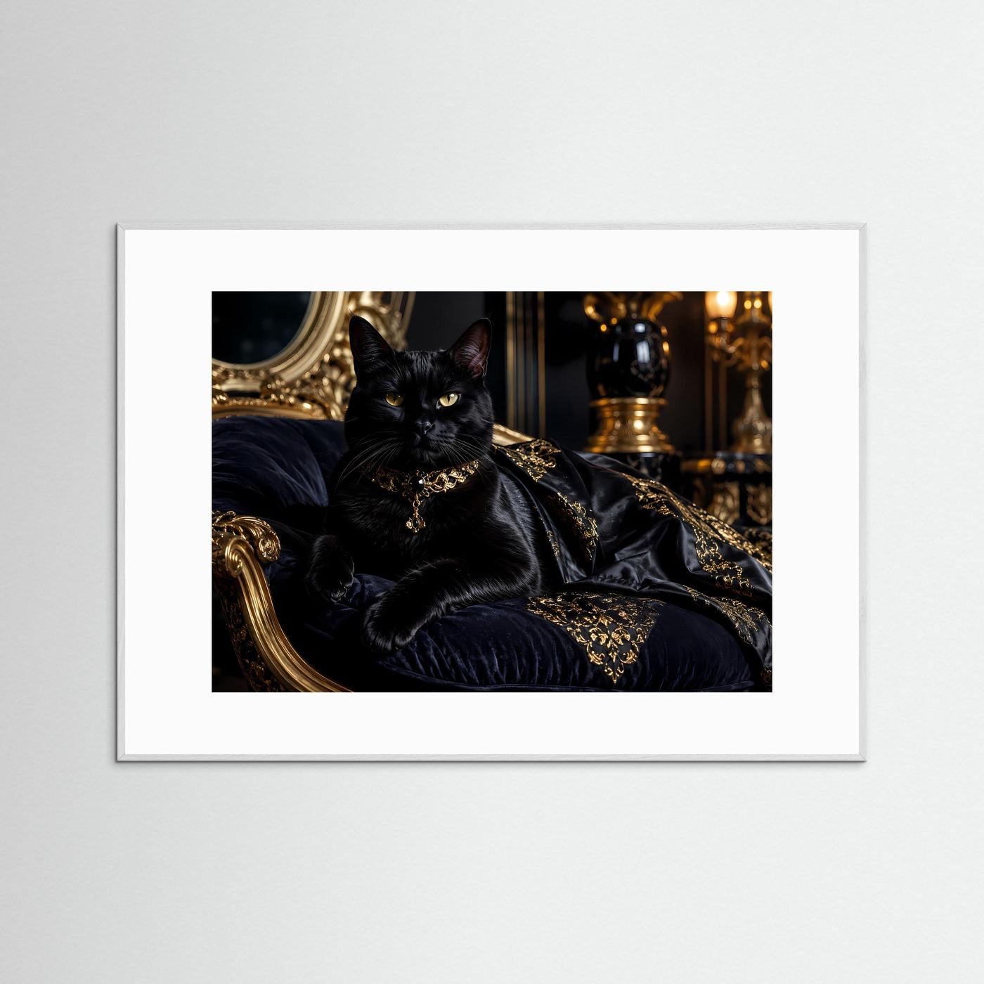 Majestätische schwarze Katze mit goldenem Schmuck | Luxus Tierporträt & Eleganz Poster