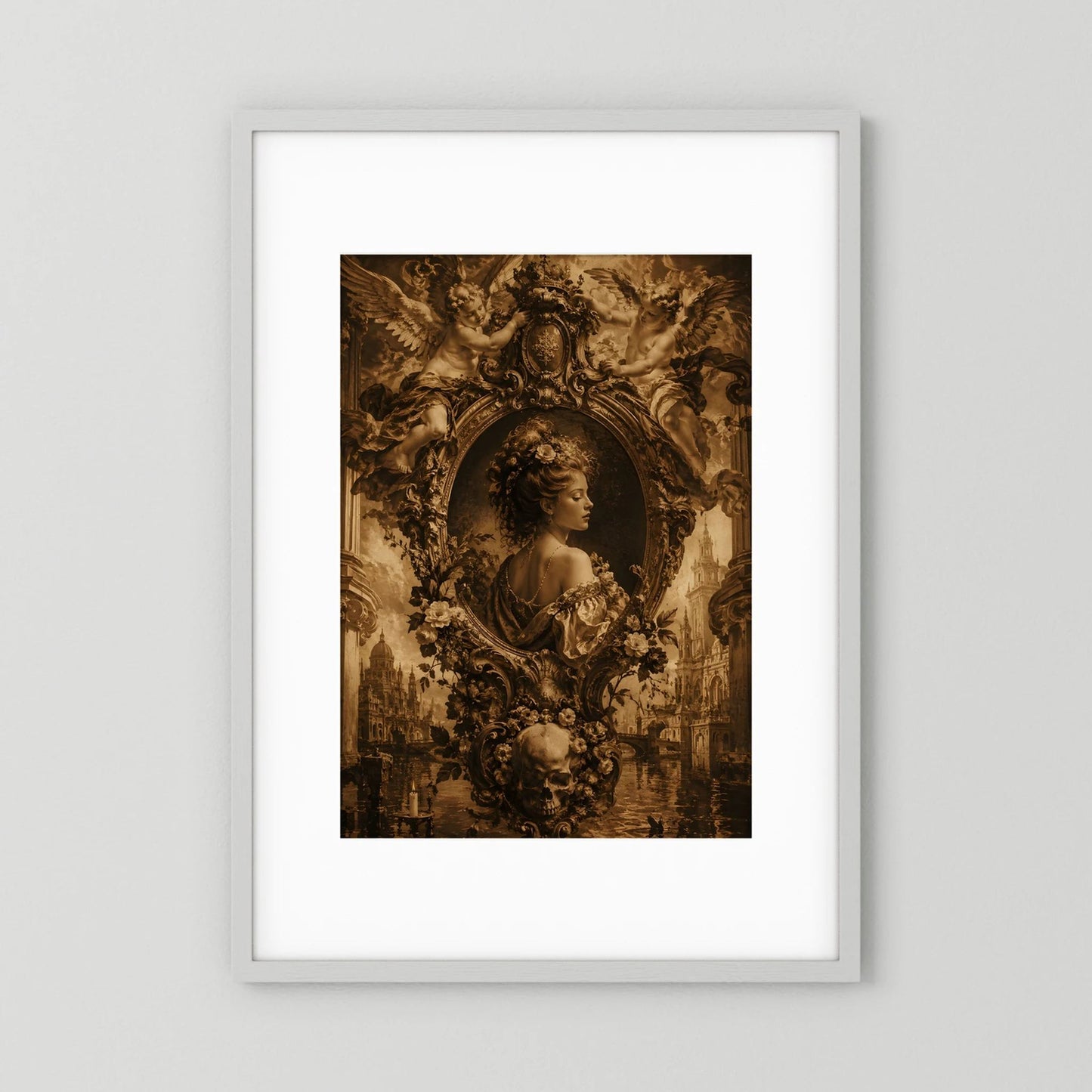 Gothic-Poster (Hochformat) mit barocker Dame im ovalen Medaillon, goldbraun und Blumen